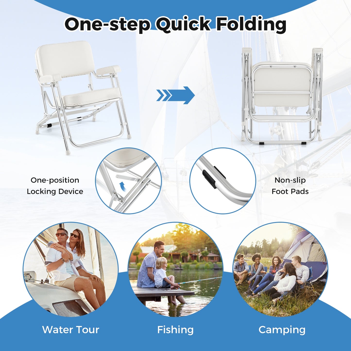 Portable Aluminum Boat Deck Beach Chair with Cushioned Seat-White Kids Crystal