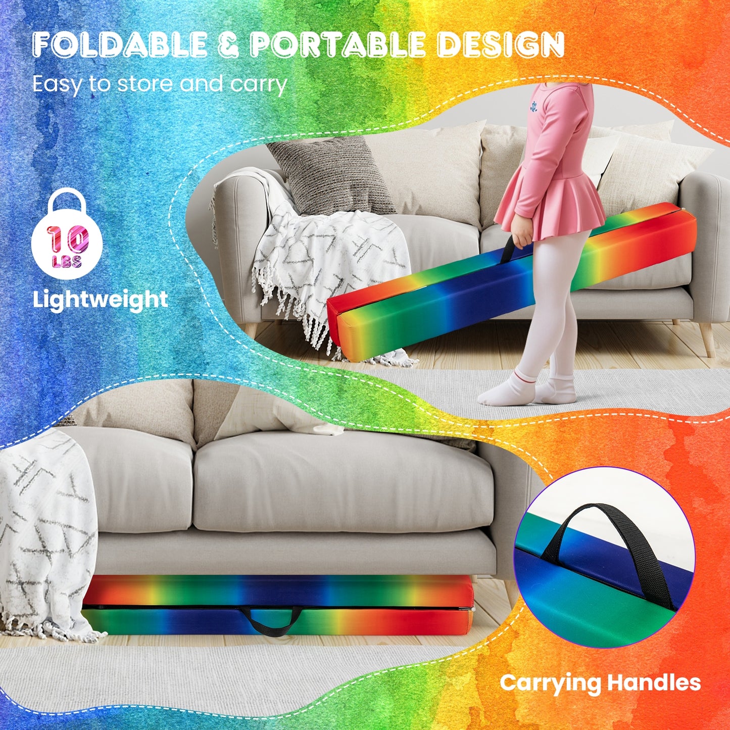Folding Balance Beam with Solid Wood Base and Anti-slip Bottom-Multicolor Kids Crystal