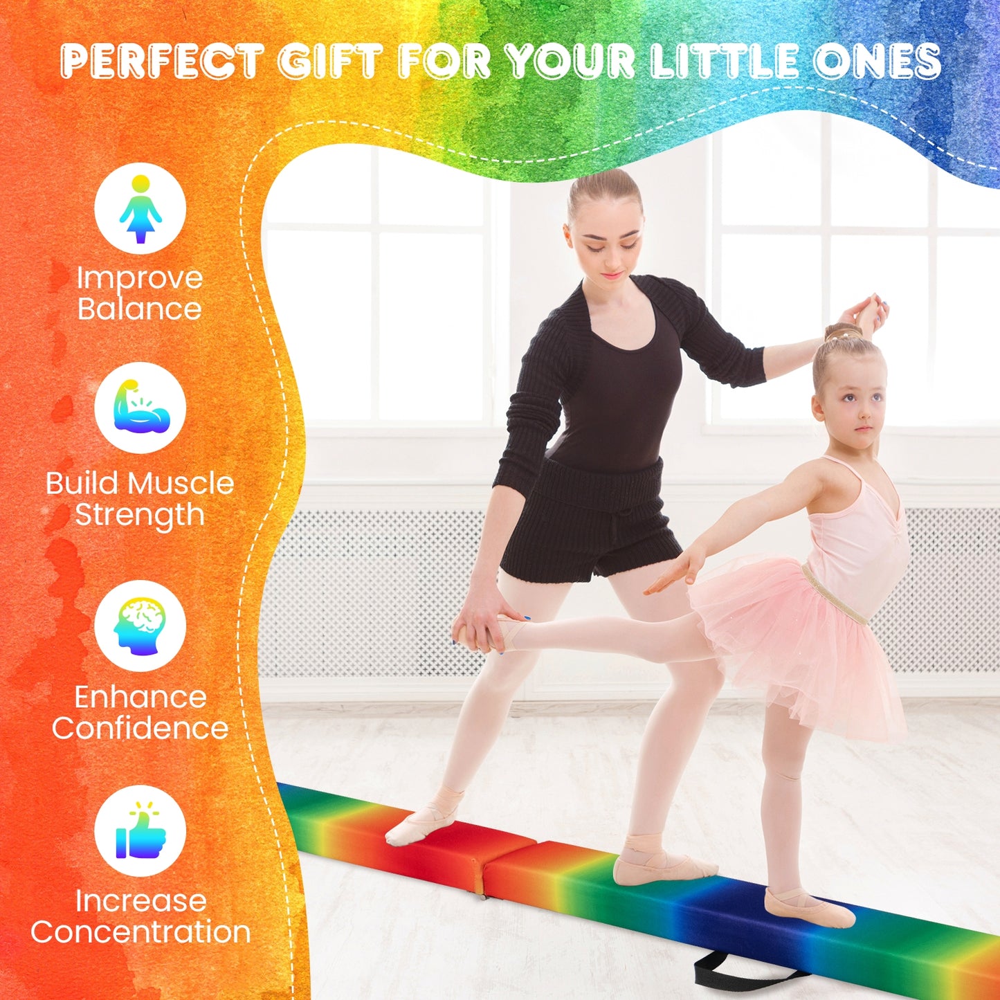 Folding Balance Beam with Solid Wood Base and Anti-slip Bottom-Multicolor Kids Crystal