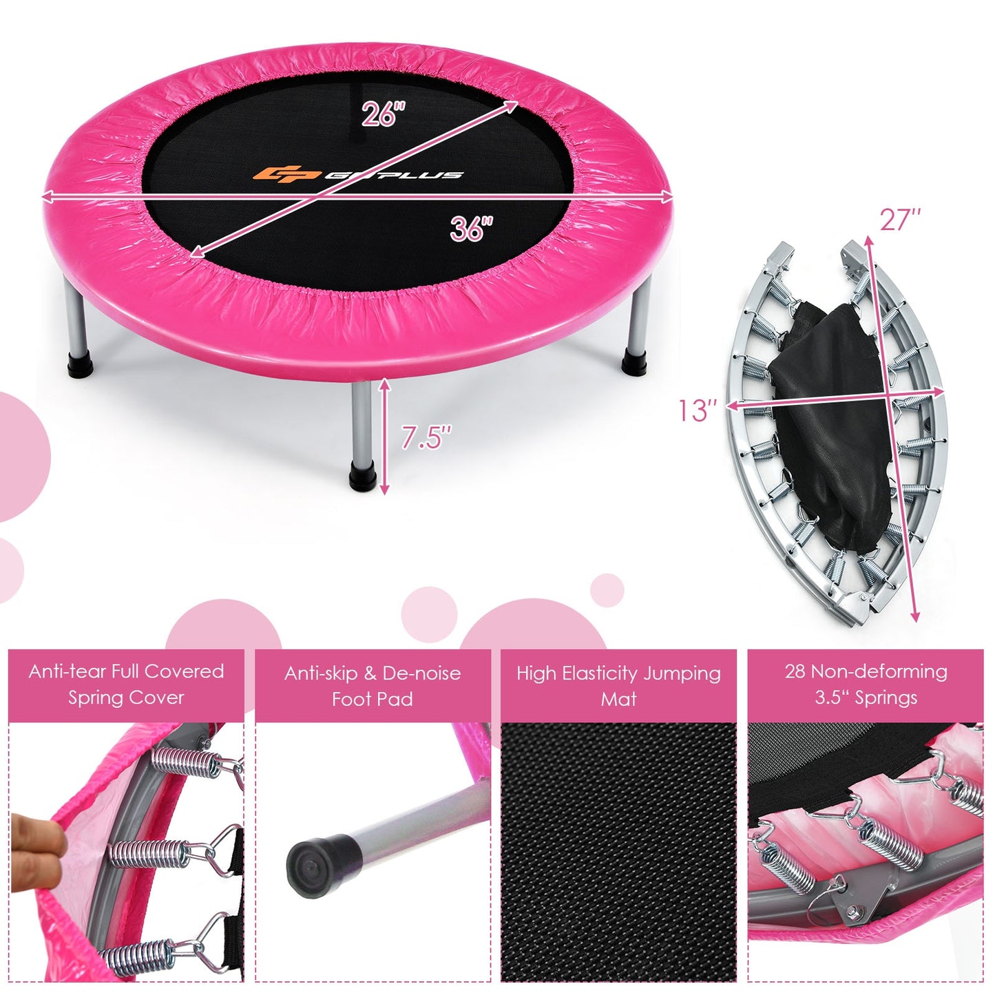 36 Inch Mini Folding Trampoline Portable Recreational Fitness Rebounder-Pink Kids Crystal