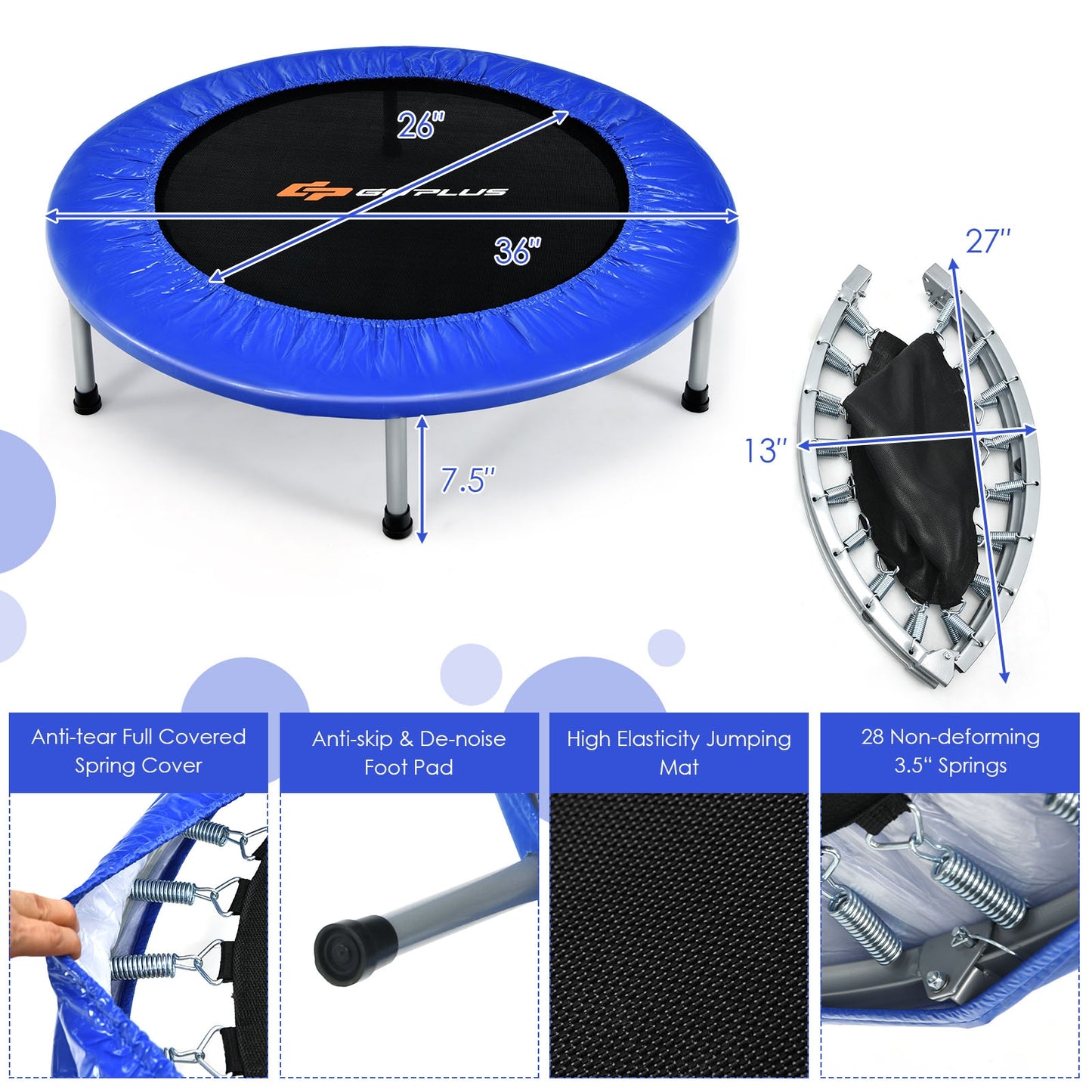 36 Inch Mini Folding Trampoline Portable Recreational Fitness Rebounder-Blue Kids Crystal
