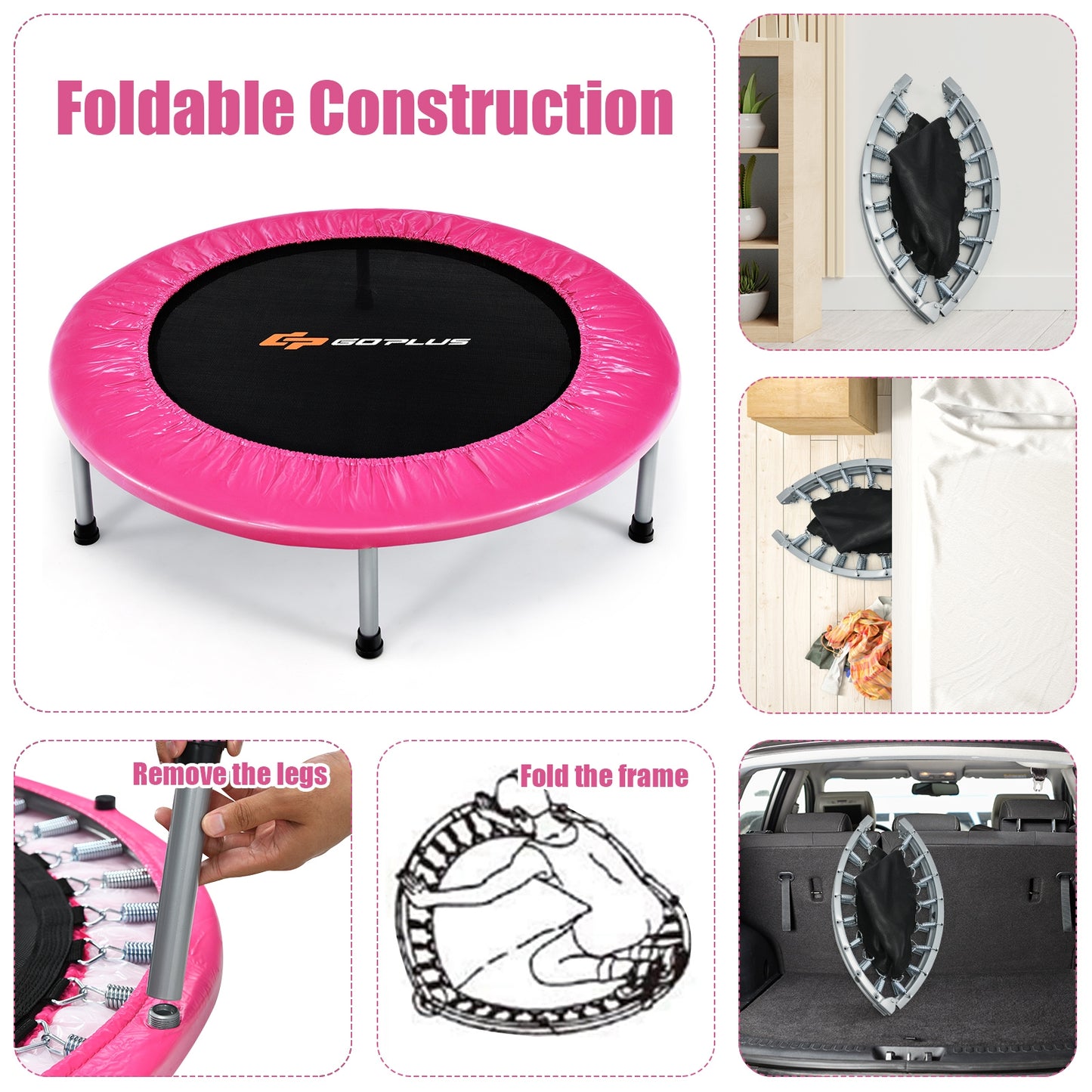 36 Inch Mini Folding Trampoline Portable Recreational Fitness Rebounder-Pink Kids Crystal