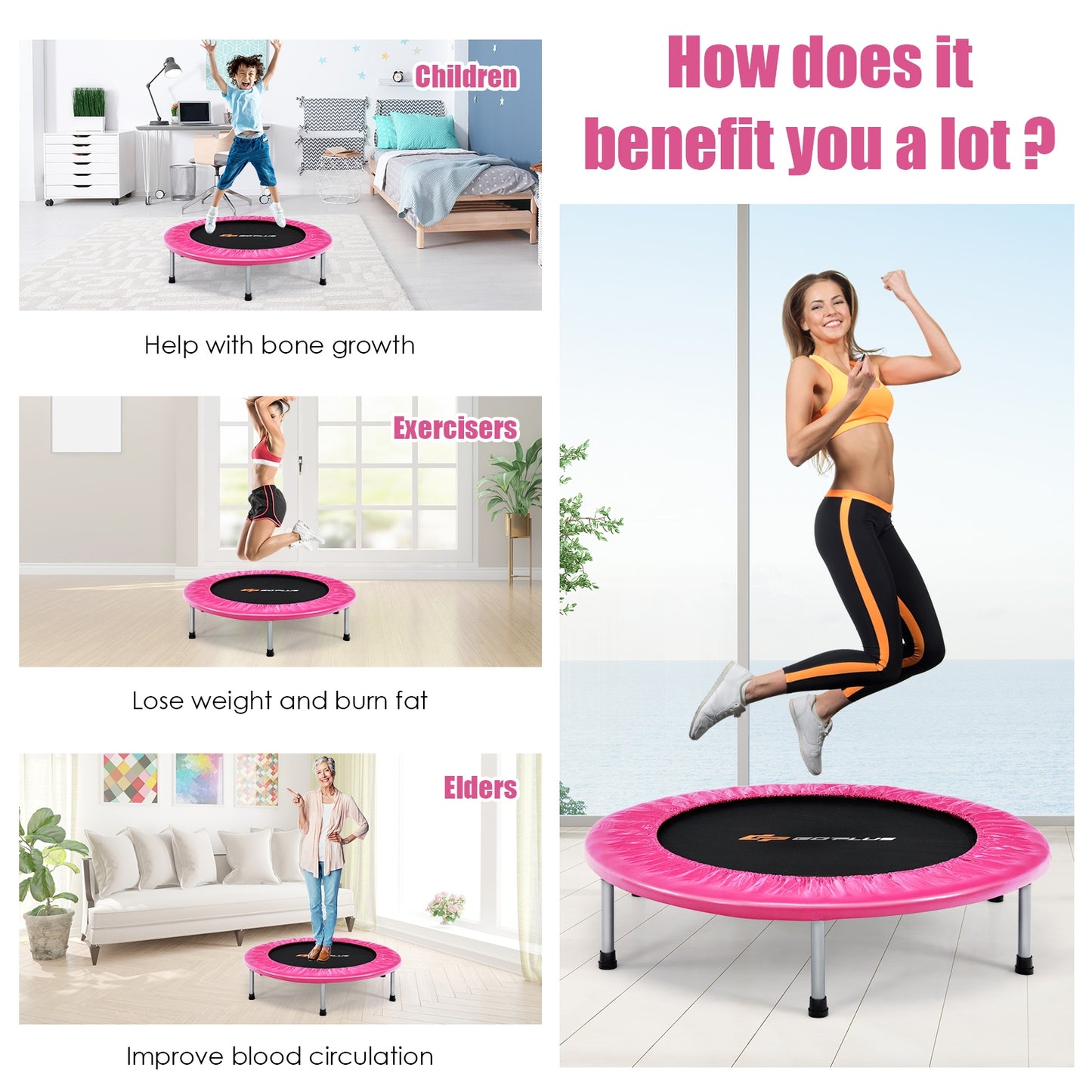 36 Inch Mini Folding Trampoline Portable Recreational Fitness Rebounder-Pink Kids Crystal