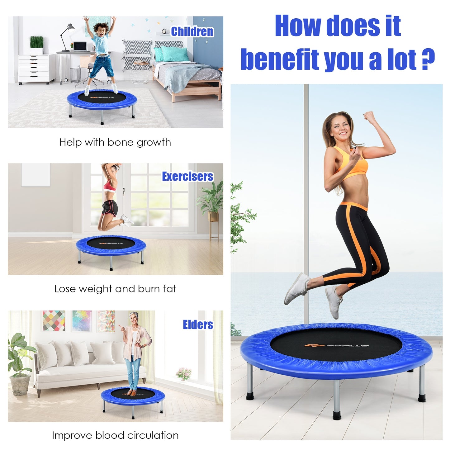 36 Inch Mini Folding Trampoline Portable Recreational Fitness Rebounder-Blue Kids Crystal