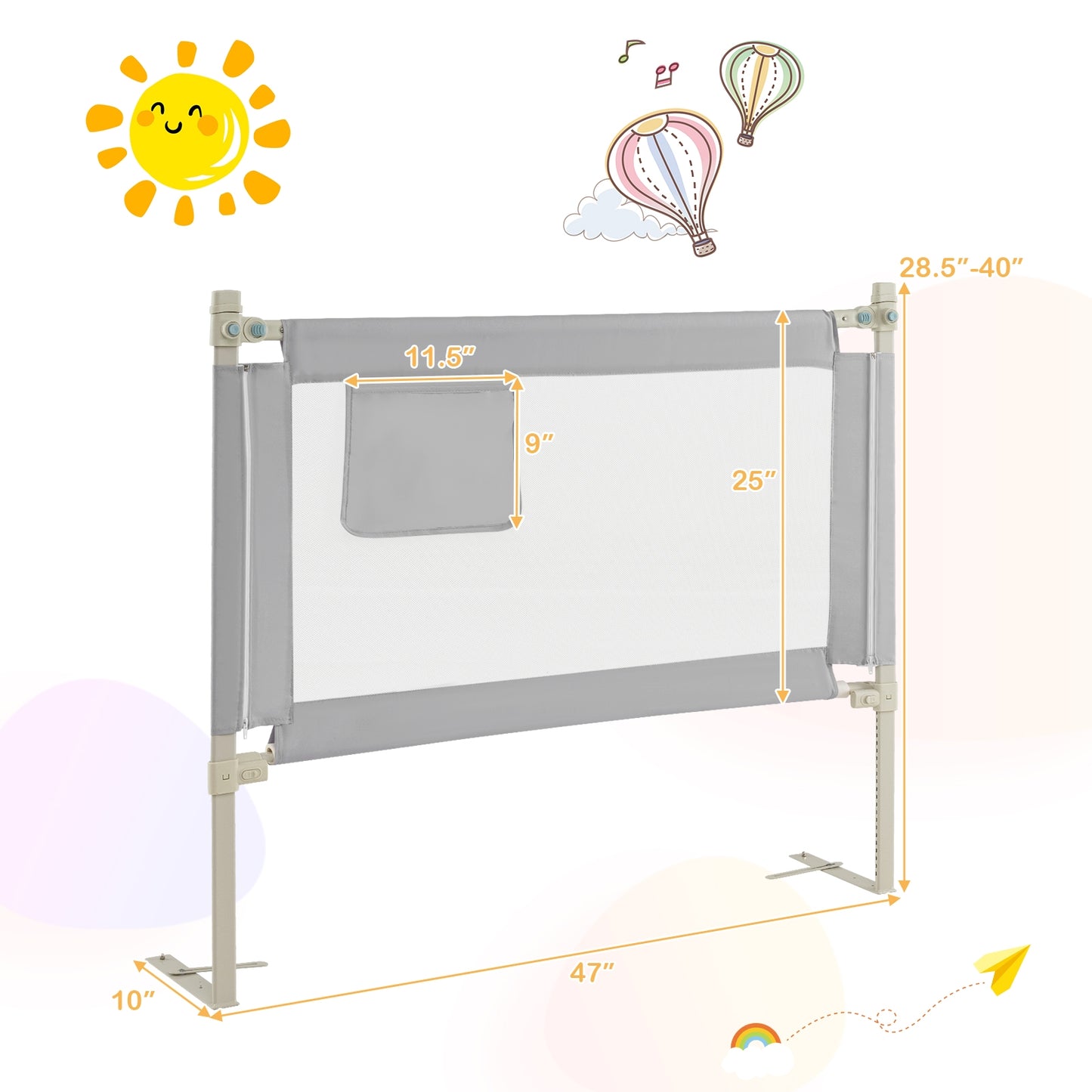 Toddler Bedrail with Side Pocket and 24 Adjustable Heights-Gray Kids Crystal
