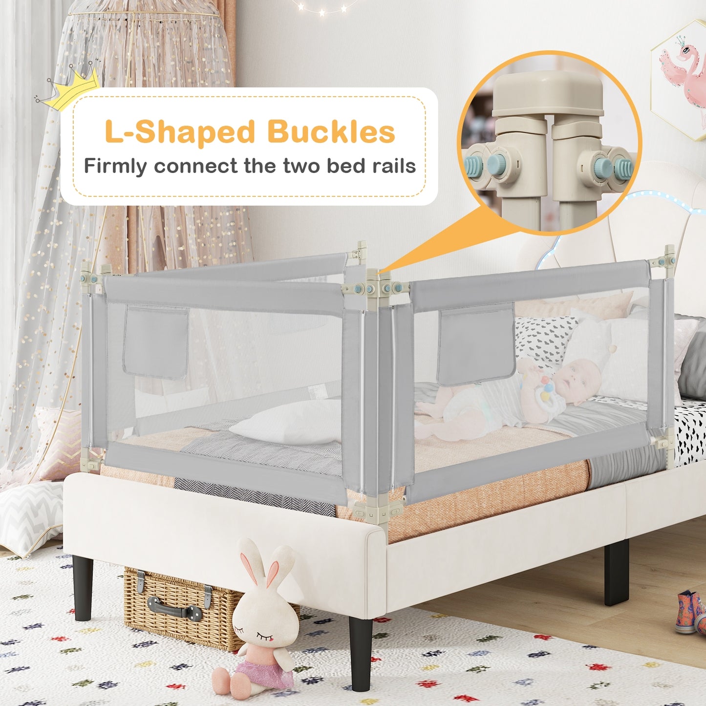 Toddler Bedrail with Side Pocket and 24 Adjustable Heights-Gray Kids Crystal