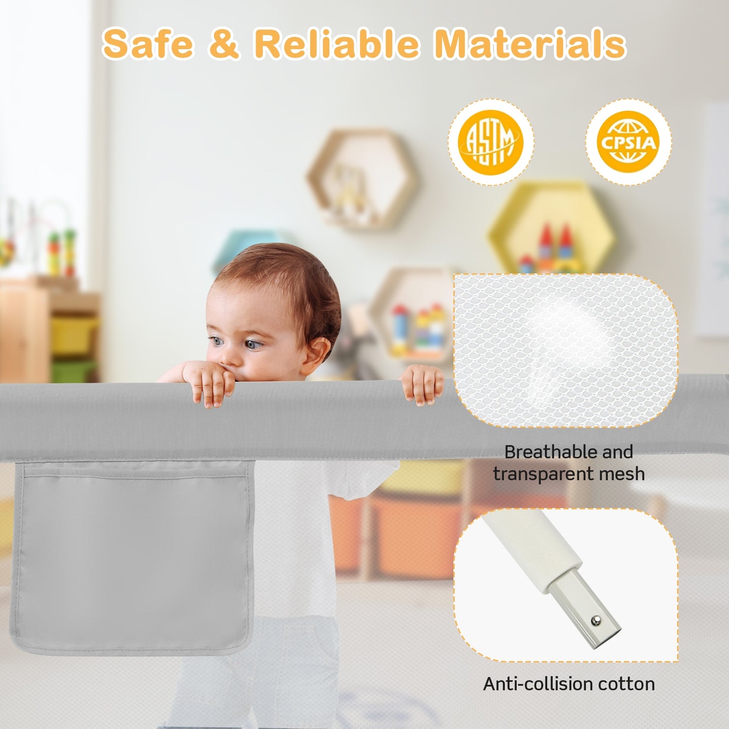Toddler Bedrail with Side Pocket and 24 Adjustable Heights-Gray Kids Crystal