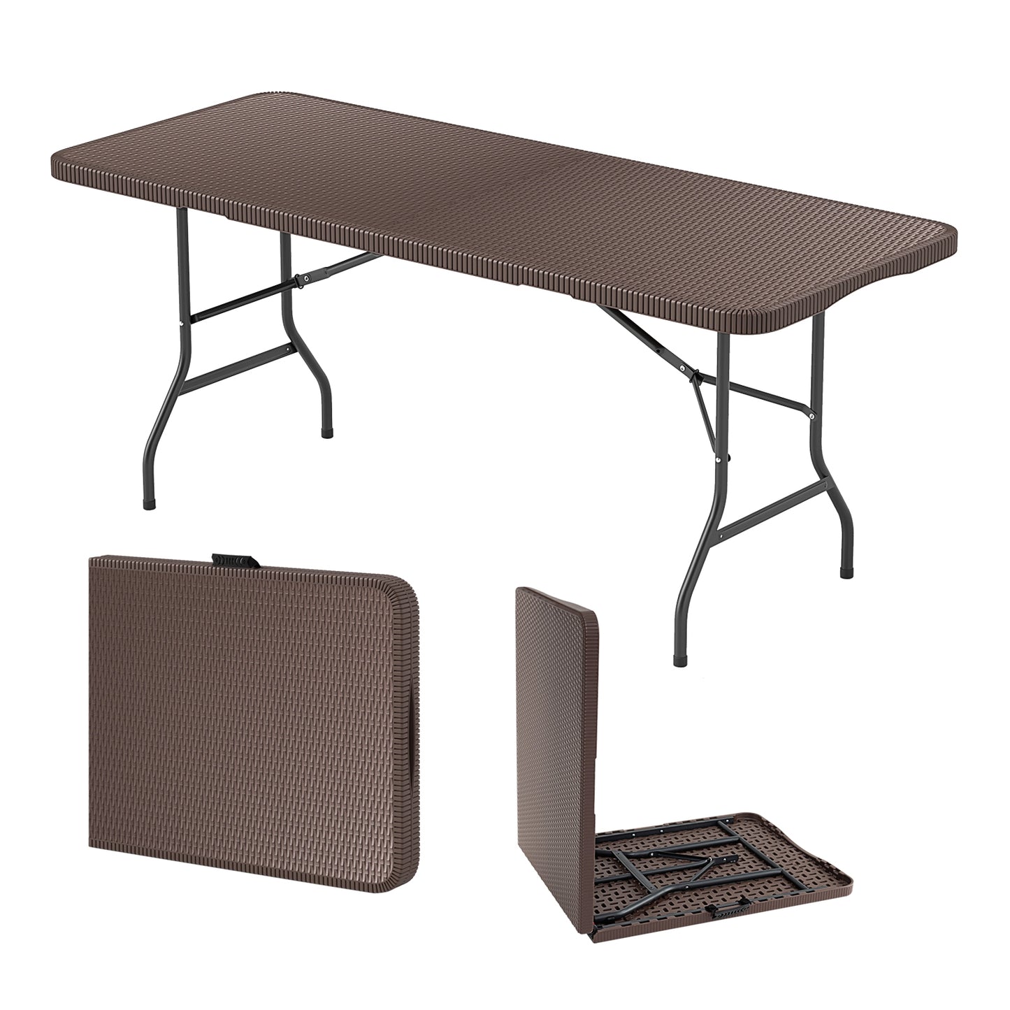 6 ft Portable Folding Table with Rattan-Like HDPE Tabletop and Safe Lock Mechanism-Brown Kids Crystal