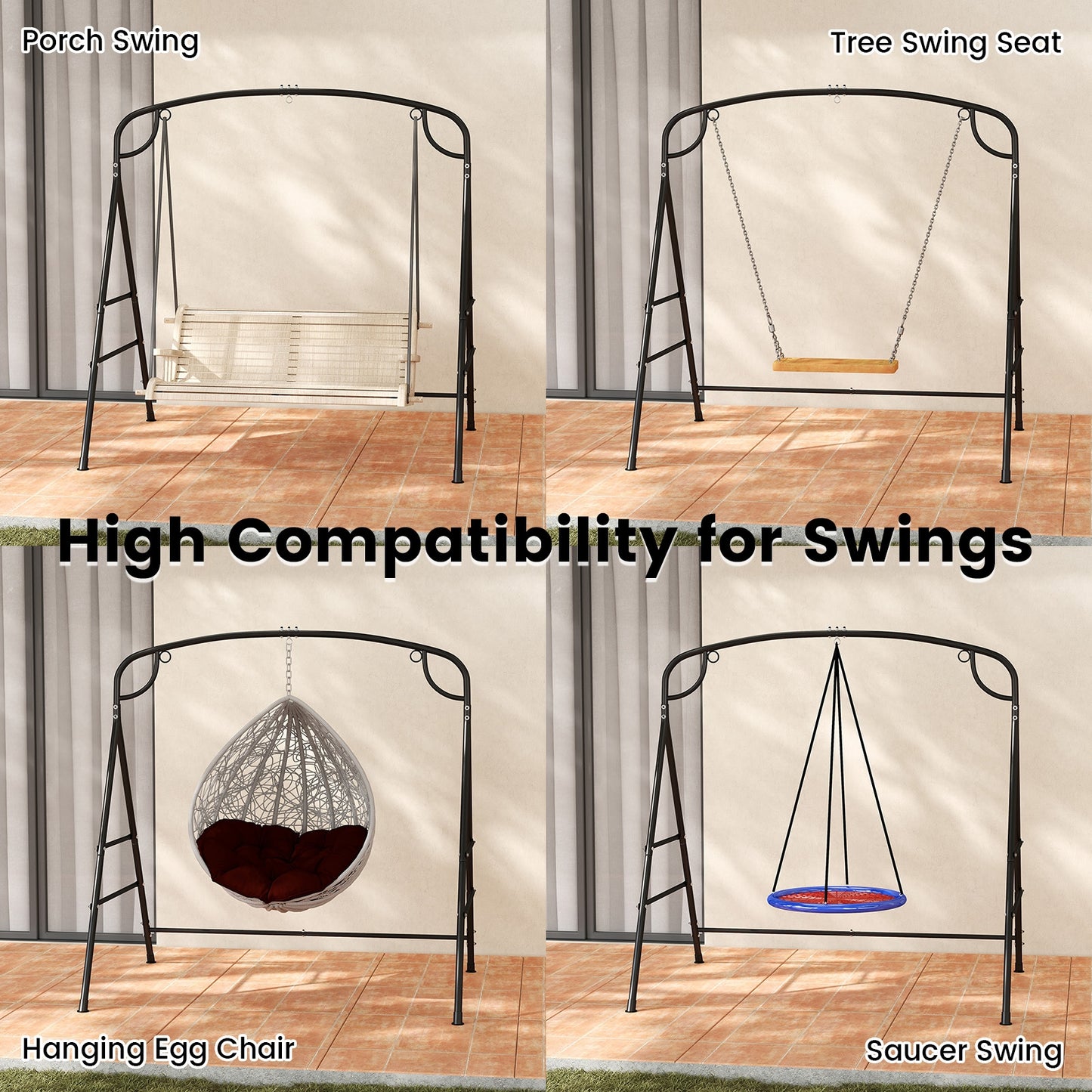 Outdoor Metal Swing Stand with 4 Support Bars and 2 Hanging Ways-Black Kids Crystal