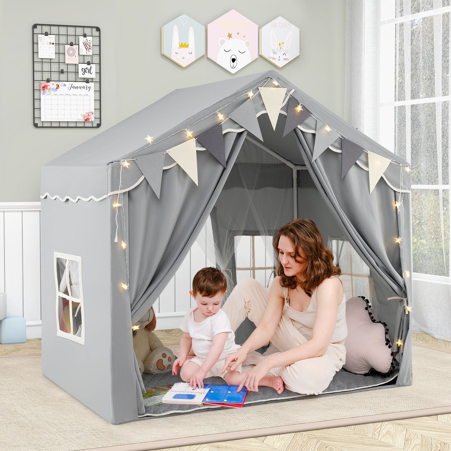 3-4 Kids Large Play Tent House with 2 Opening Doors and Star Lights-Gray Kids Crystal