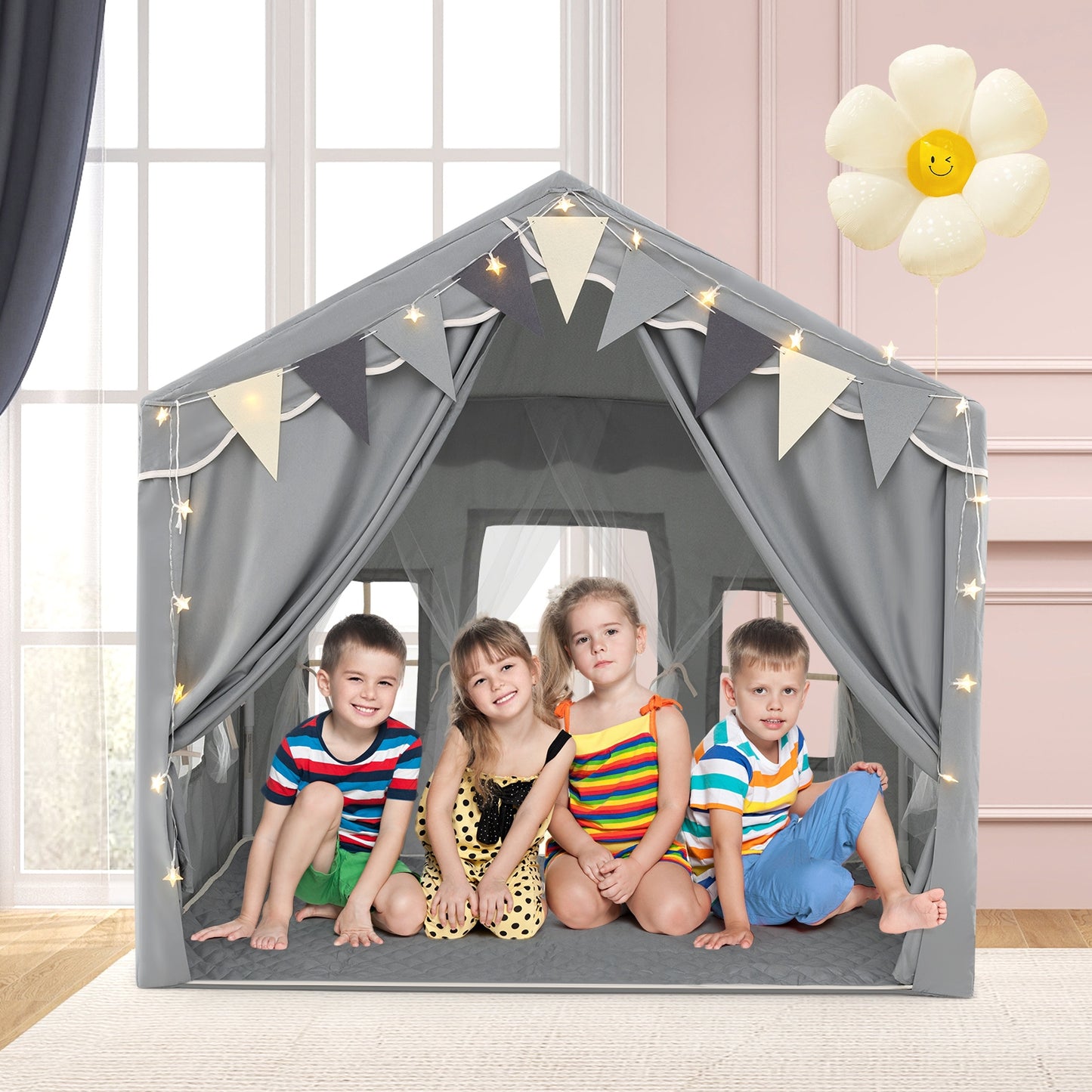 3-4 Kids Large Play Tent House with 2 Opening Doors and Star Lights-Gray Kids Crystal