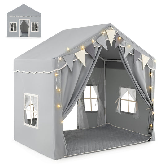 3-4 Kids Large Play Tent House with 2 Opening Doors and Star Lights-Gray Kids Crystal