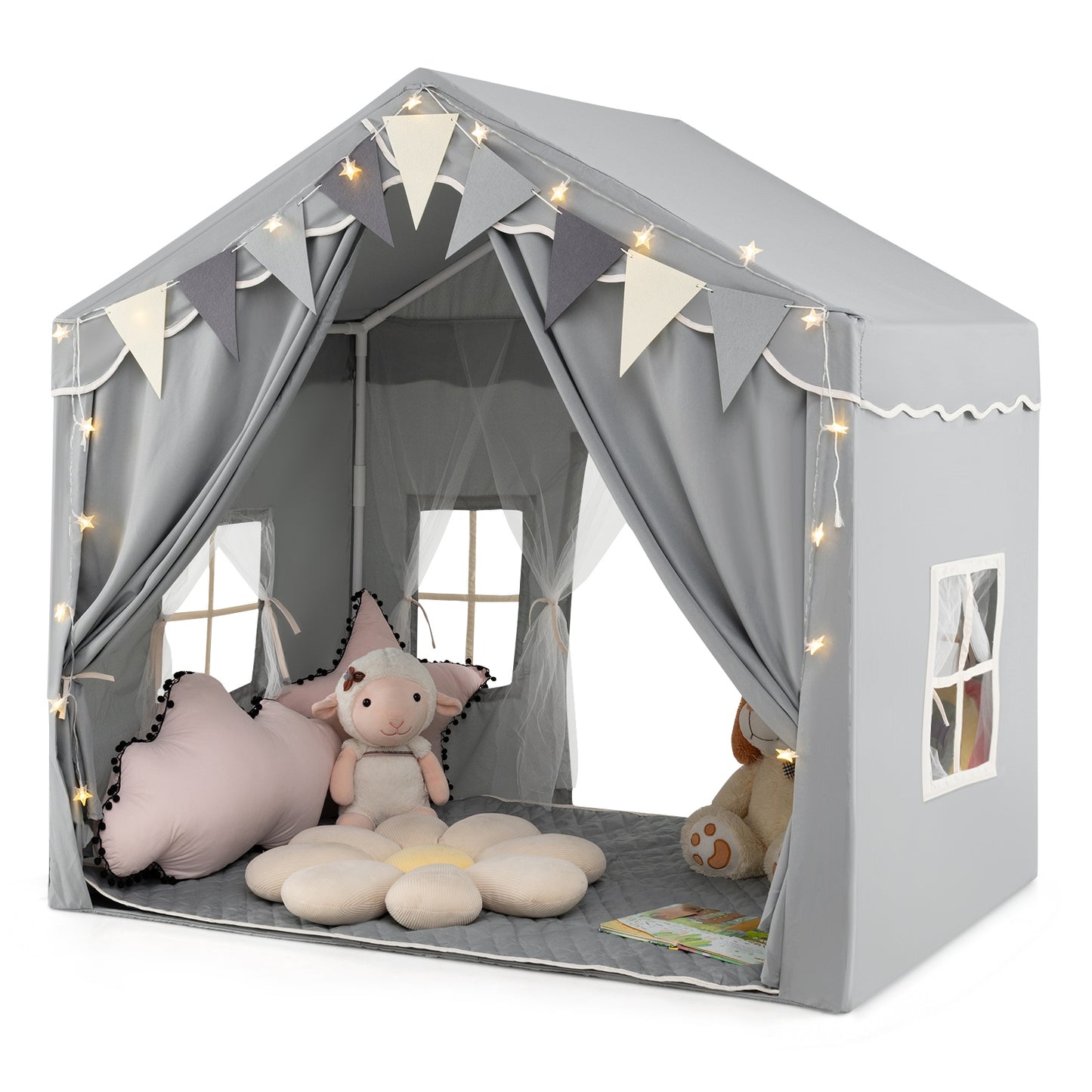3-4 Kids Large Play Tent House with 2 Opening Doors and Star Lights-Gray Kids Crystal
