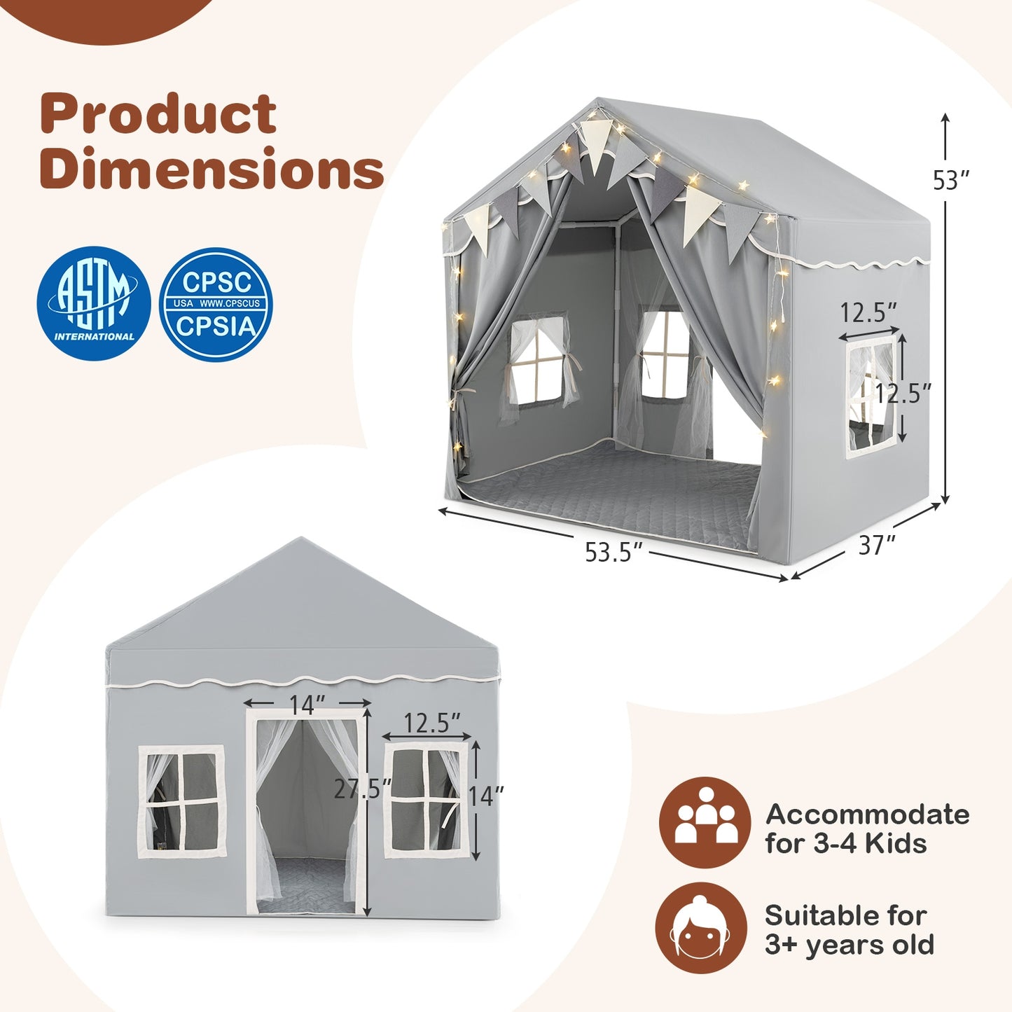 3-4 Kids Large Play Tent House with 2 Opening Doors and Star Lights-Gray Kids Crystal