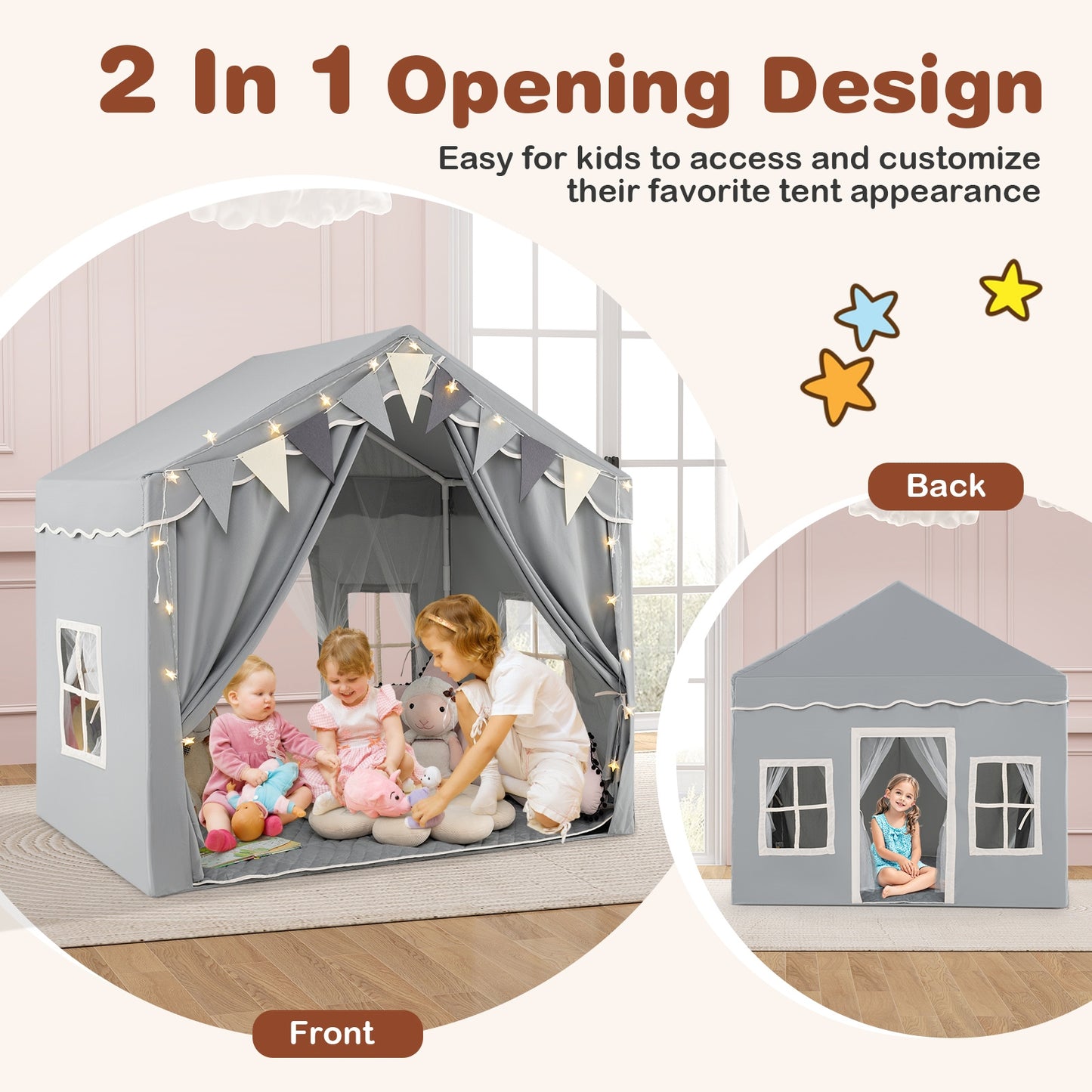 3-4 Kids Large Play Tent House with 2 Opening Doors and Star Lights-Gray Kids Crystal