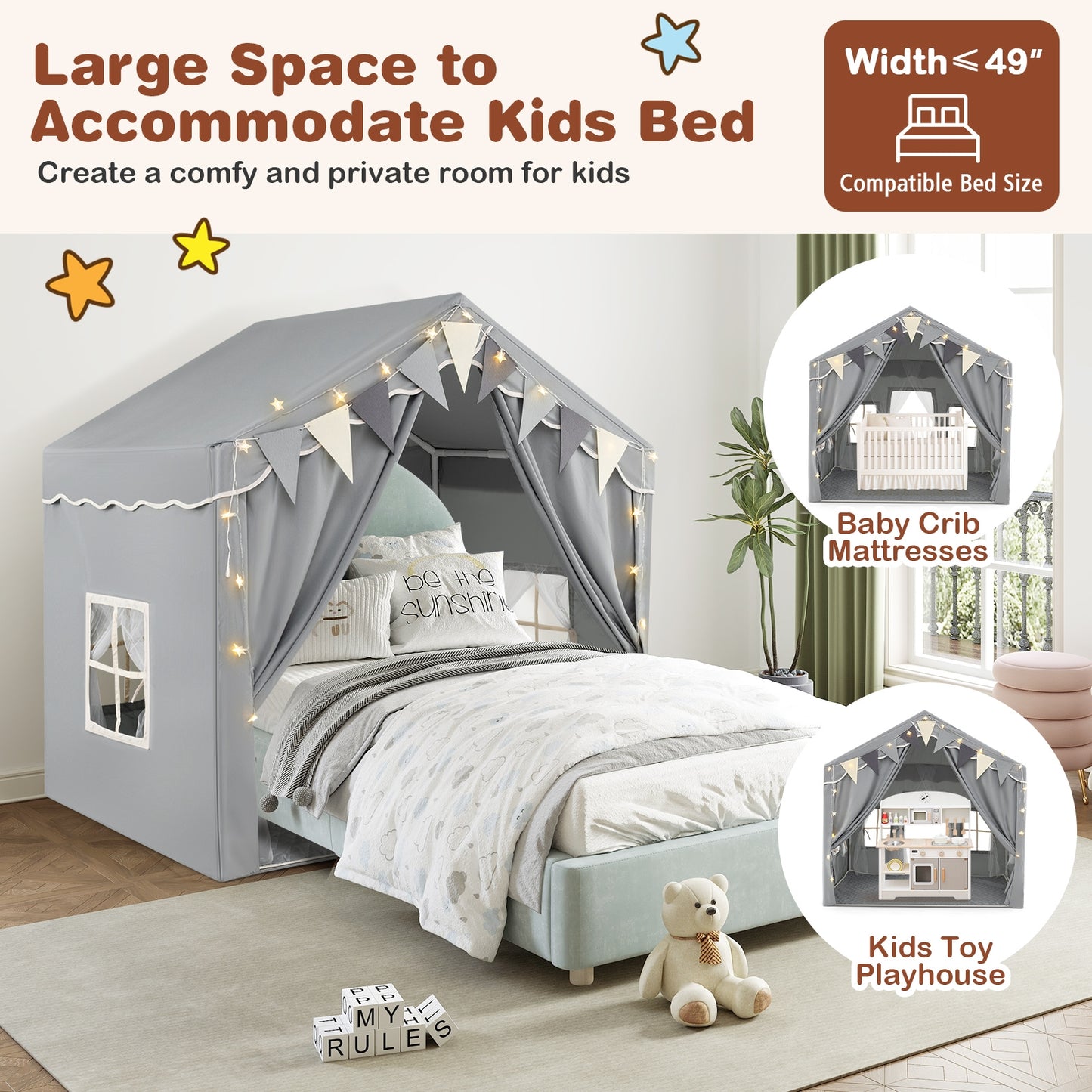 3-4 Kids Large Play Tent House with 2 Opening Doors and Star Lights-Gray Kids Crystal