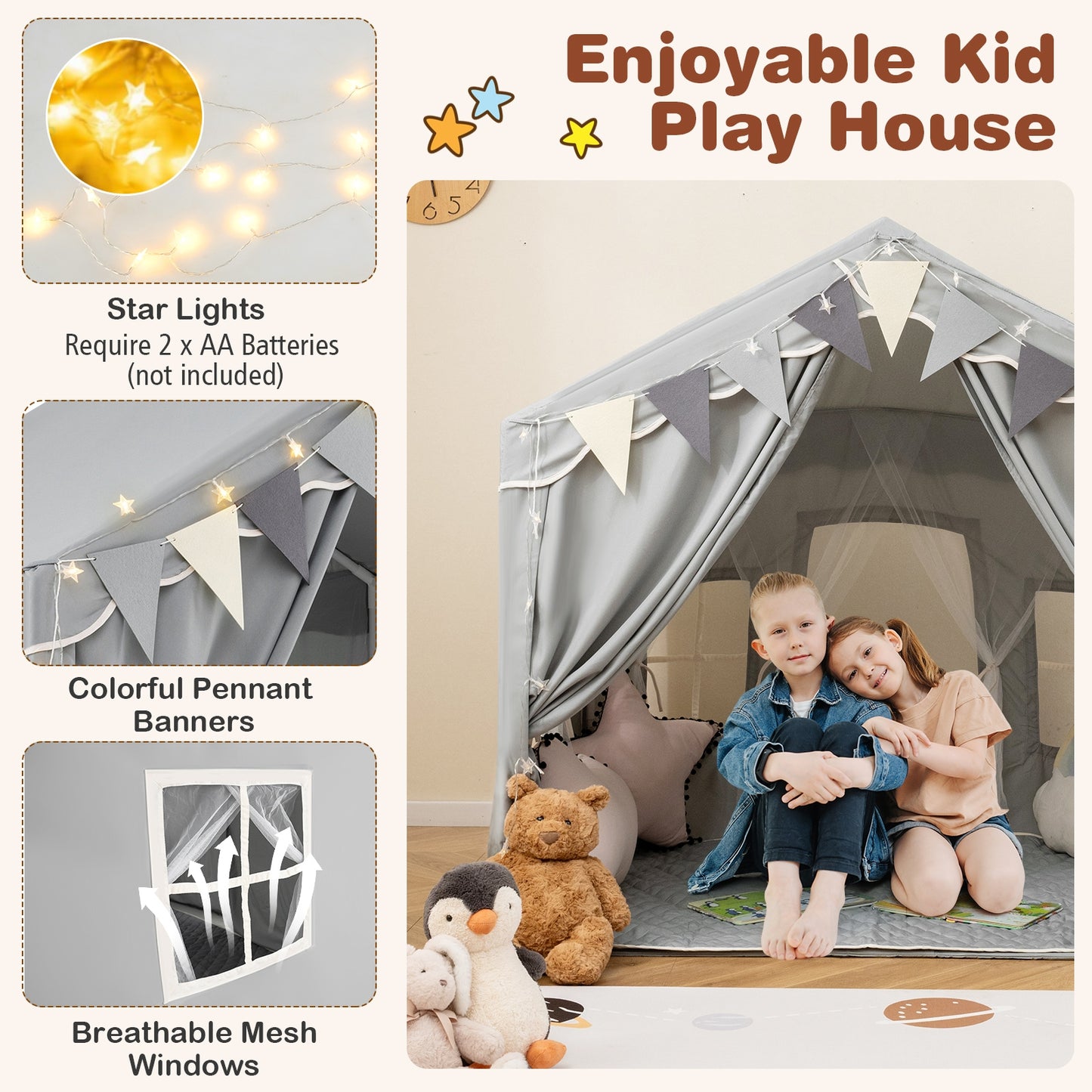 3-4 Kids Large Play Tent House with 2 Opening Doors and Star Lights-Gray Kids Crystal
