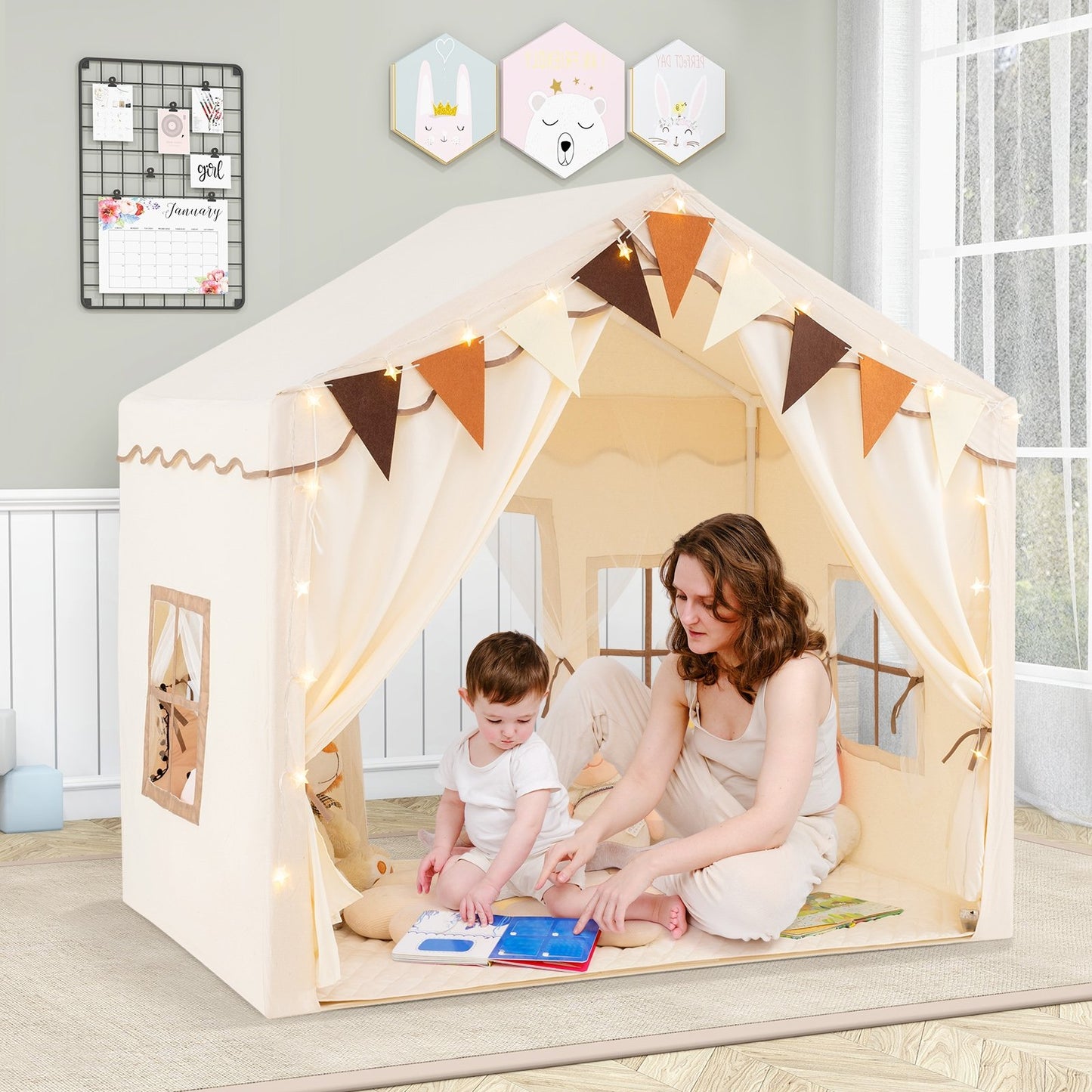 3-4 Kids Large Play Tent House with 2 Opening Doors and Star Lights-Beige Kids Crystal