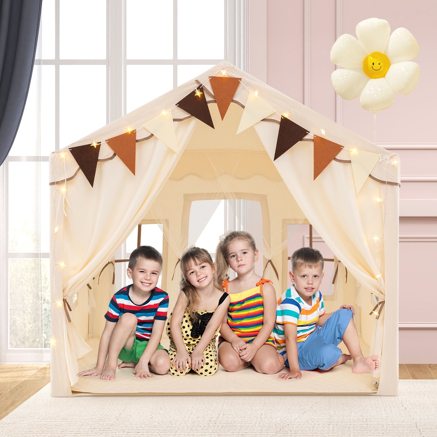 3-4 Kids Large Play Tent House with 2 Opening Doors and Star Lights-Beige Kids Crystal