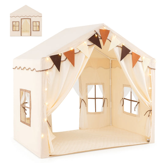 3-4 Kids Large Play Tent House with 2 Opening Doors and Star Lights-Beige Kids Crystal
