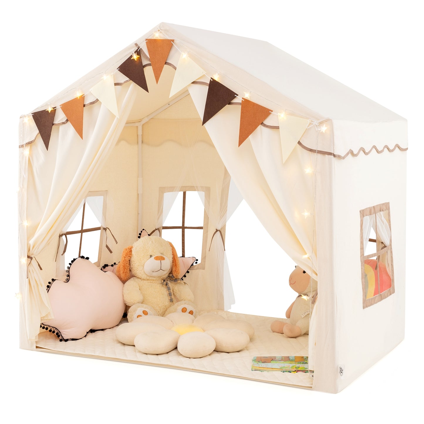 3-4 Kids Large Play Tent House with 2 Opening Doors and Star Lights-Beige Kids Crystal
