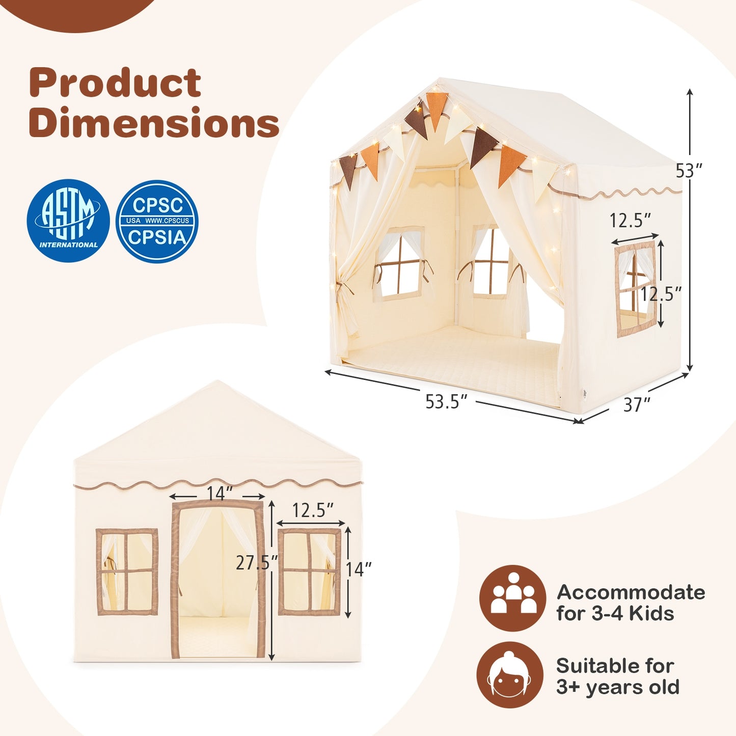 3-4 Kids Large Play Tent House with 2 Opening Doors and Star Lights-Beige Kids Crystal
