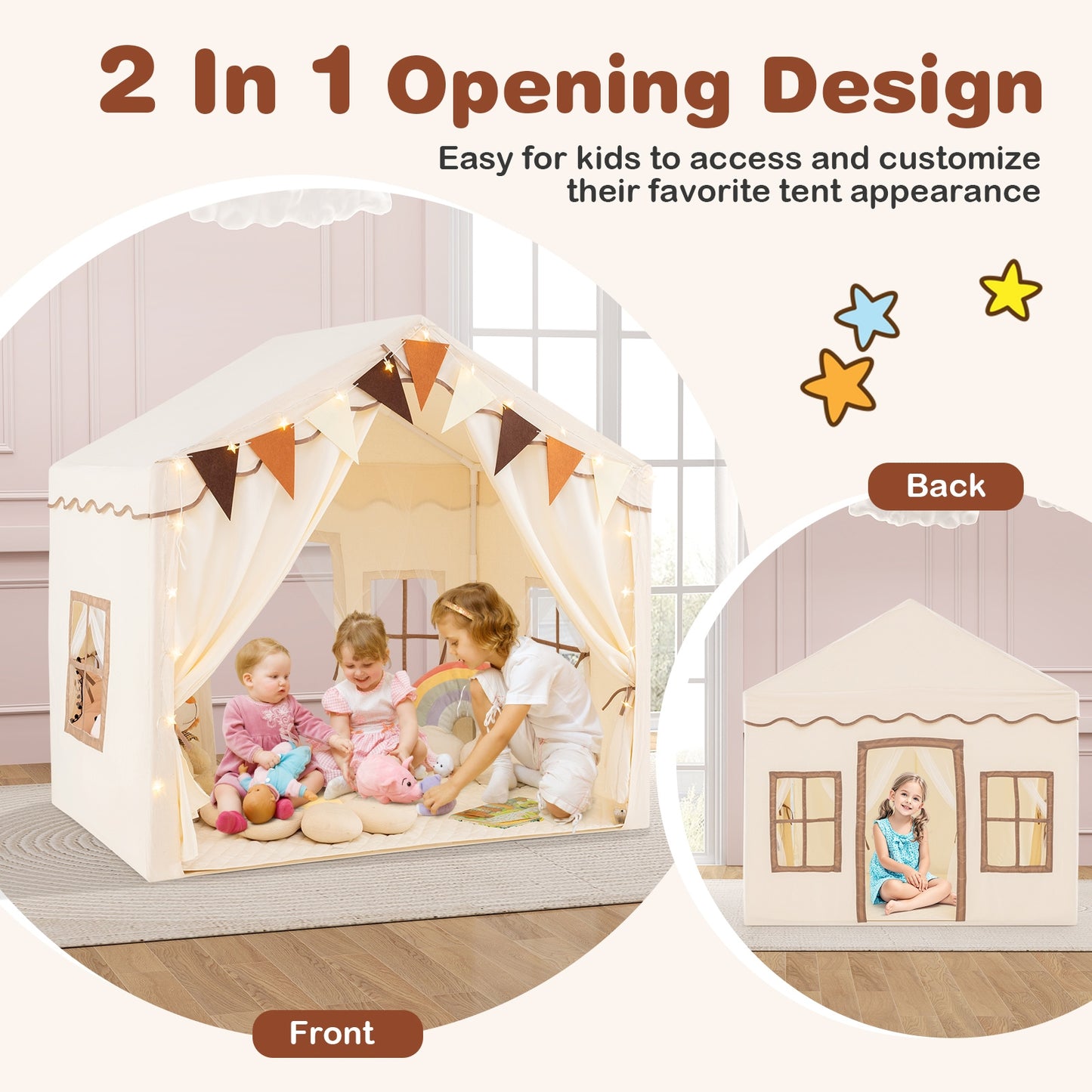 3-4 Kids Large Play Tent House with 2 Opening Doors and Star Lights-Beige Kids Crystal