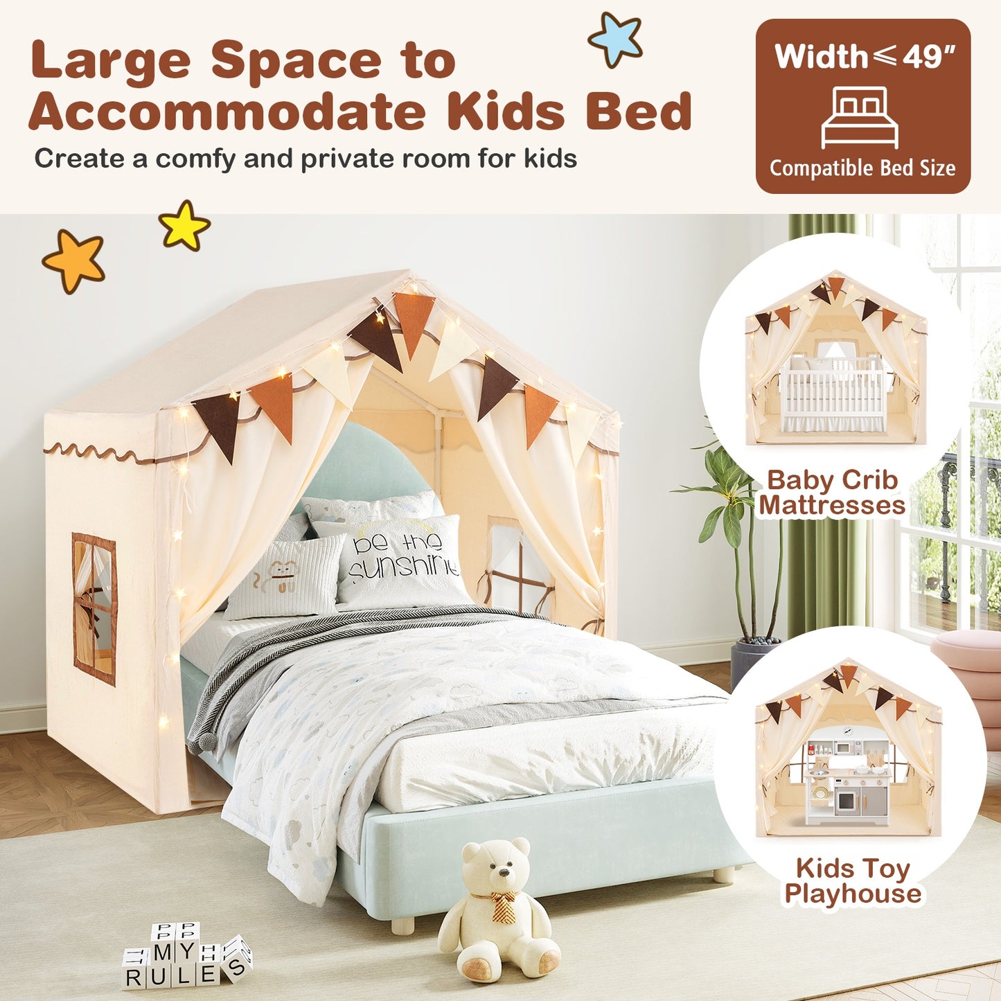 3-4 Kids Large Play Tent House with 2 Opening Doors and Star Lights-Beige Kids Crystal