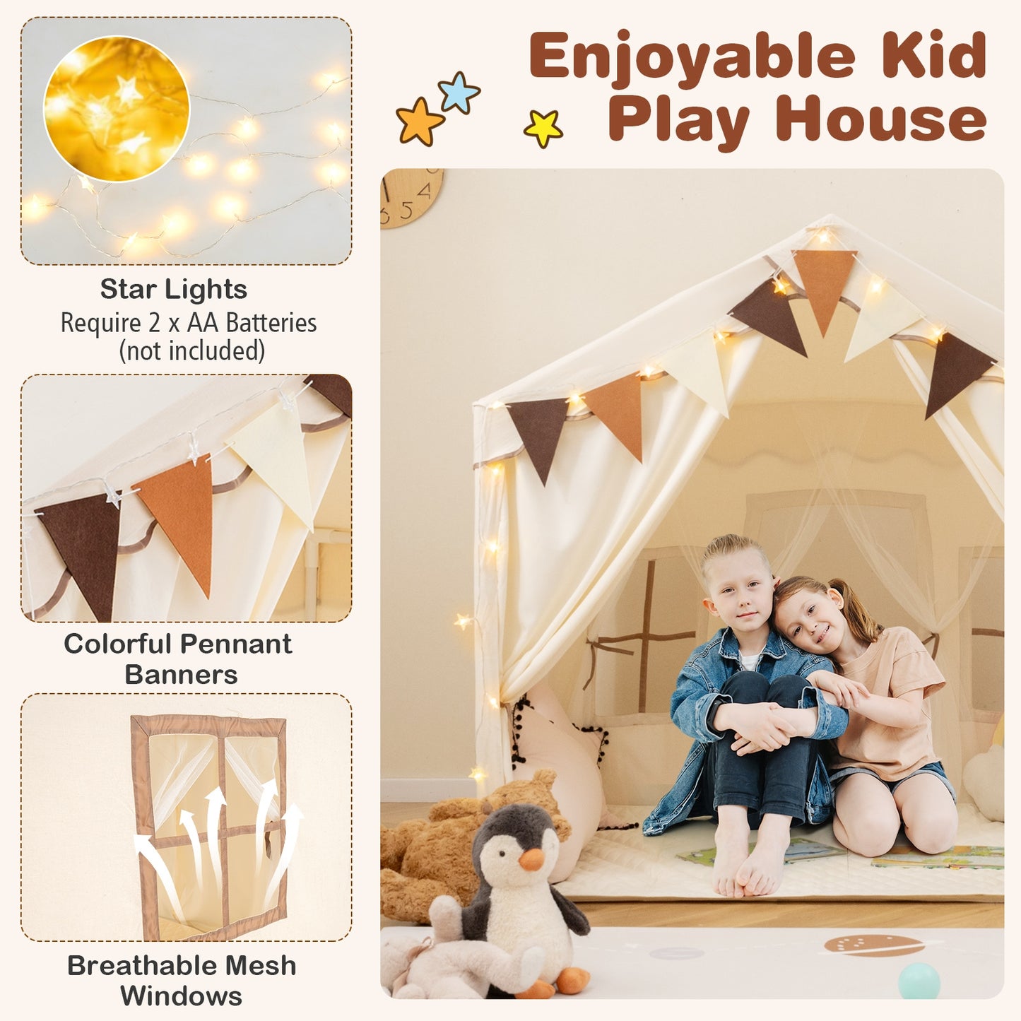 3-4 Kids Large Play Tent House with 2 Opening Doors and Star Lights-Beige Kids Crystal