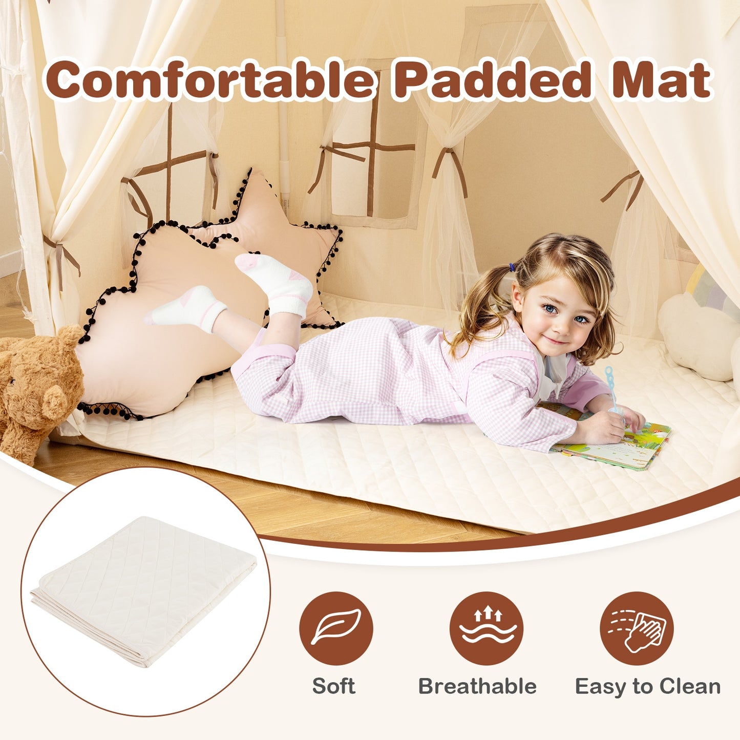 3-4 Kids Large Play Tent House with 2 Opening Doors and Star Lights-Beige Kids Crystal