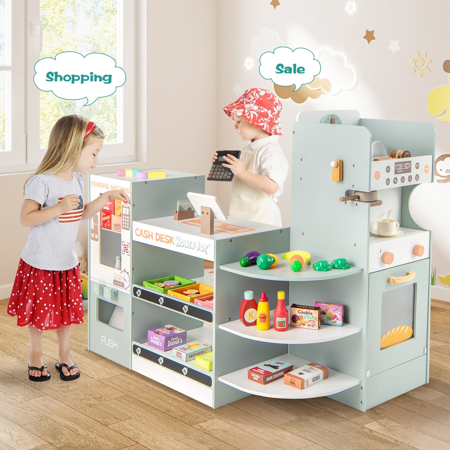 Wooden Kids Grocery Store Playset Pretend Play Supermarket-Green Kids Crystal