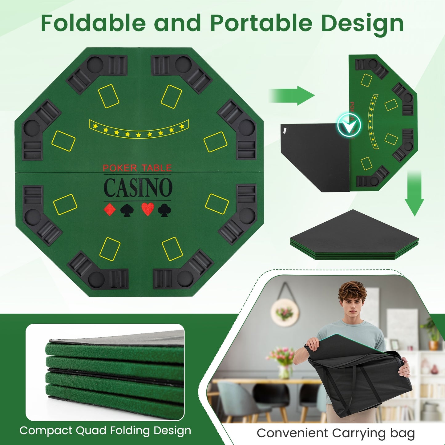 8-Player Foldable Poker Table Top with Carrying Bag-Green Kids Crystal