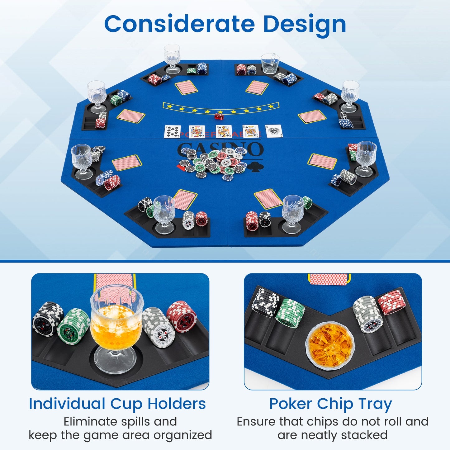 8-Player Foldable Poker Table Top with Carrying Bag-Blue Kids Crystal