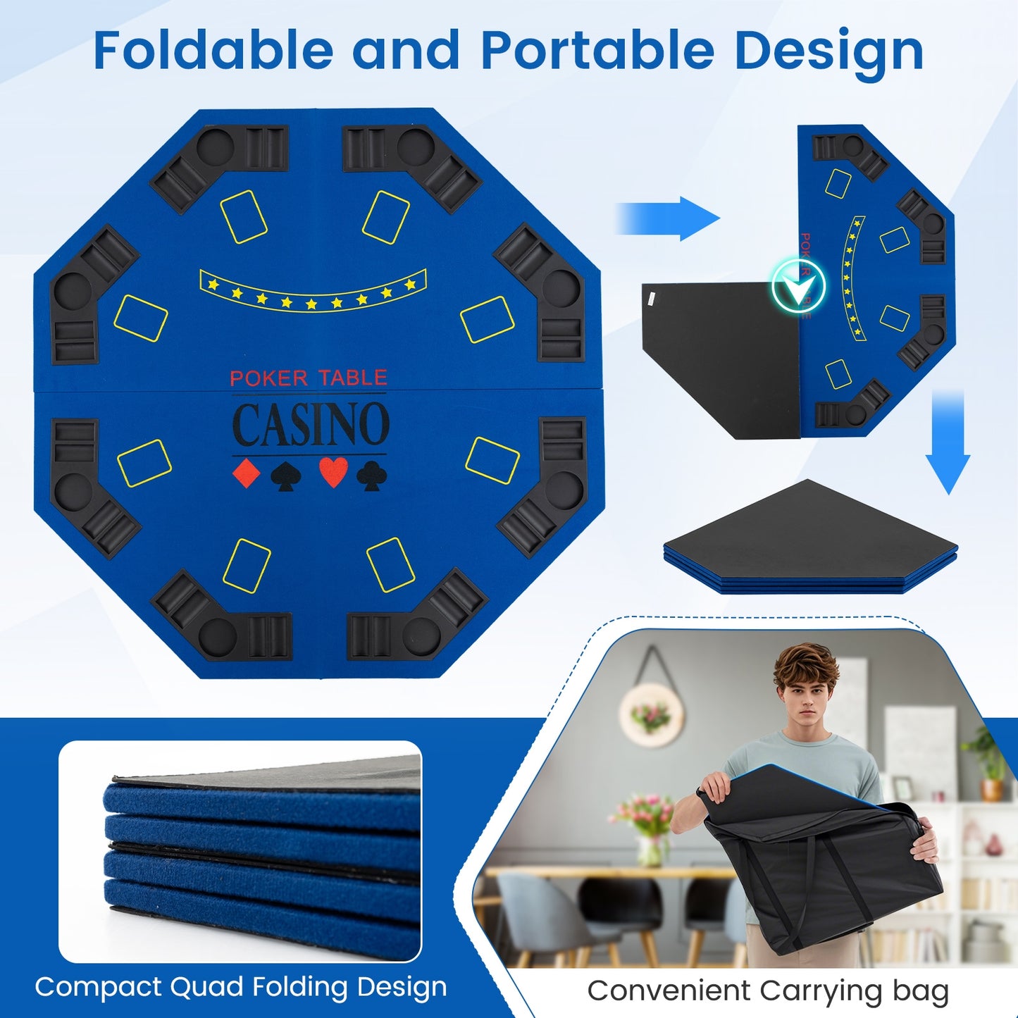 8-Player Foldable Poker Table Top with Carrying Bag-Blue Kids Crystal