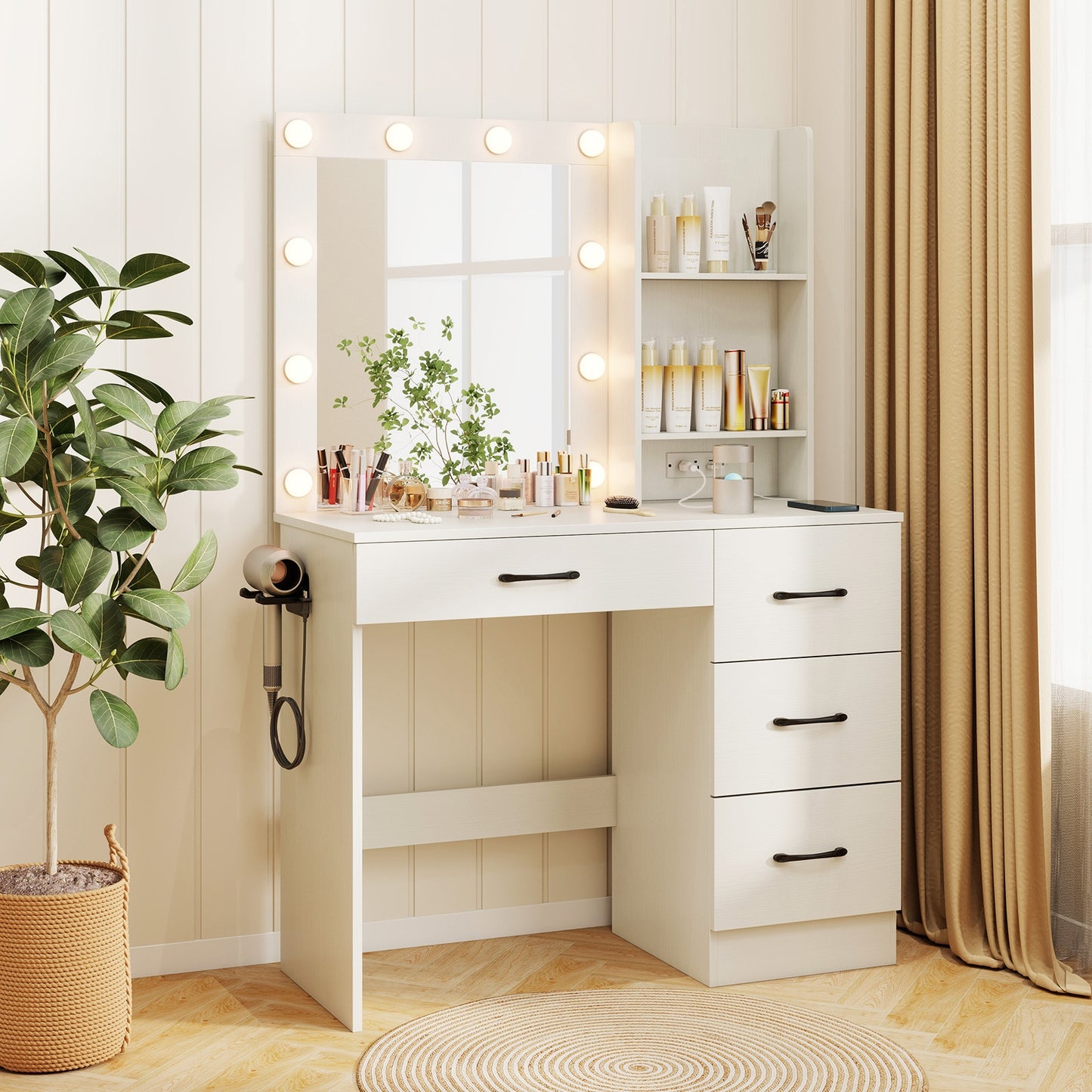 Vanity Desk with 3-Color Lights and Power Outlets-White Kids Crystal