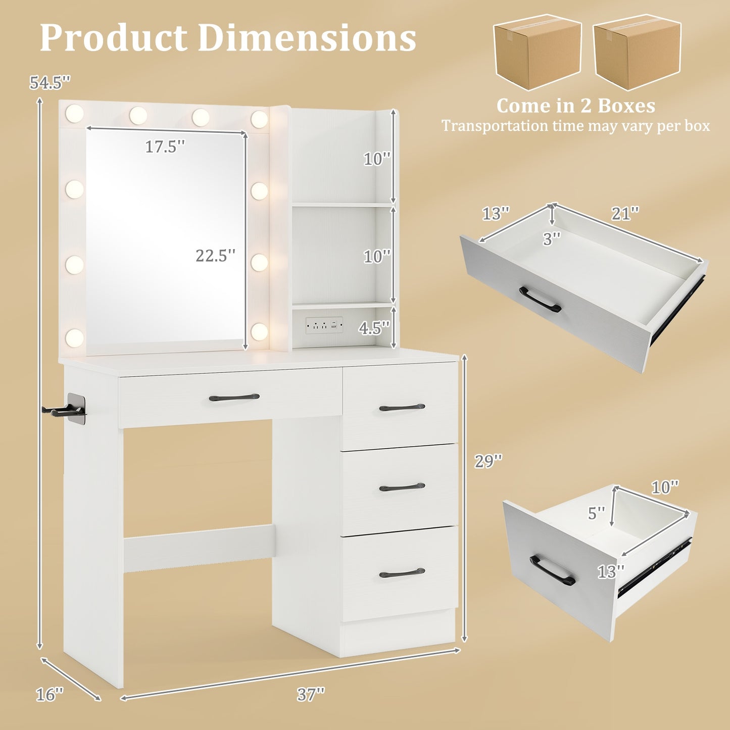 Vanity Desk with 3-Color Lights and Power Outlets-White Kids Crystal