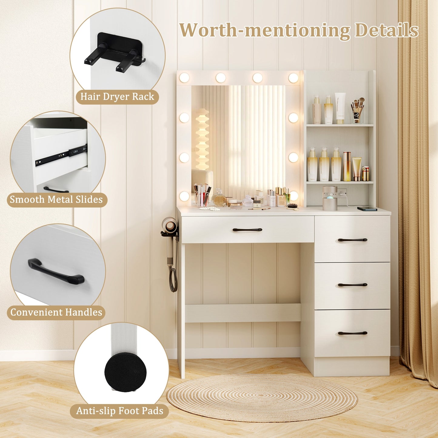 Vanity Desk with 3-Color Lights and Power Outlets-White Kids Crystal