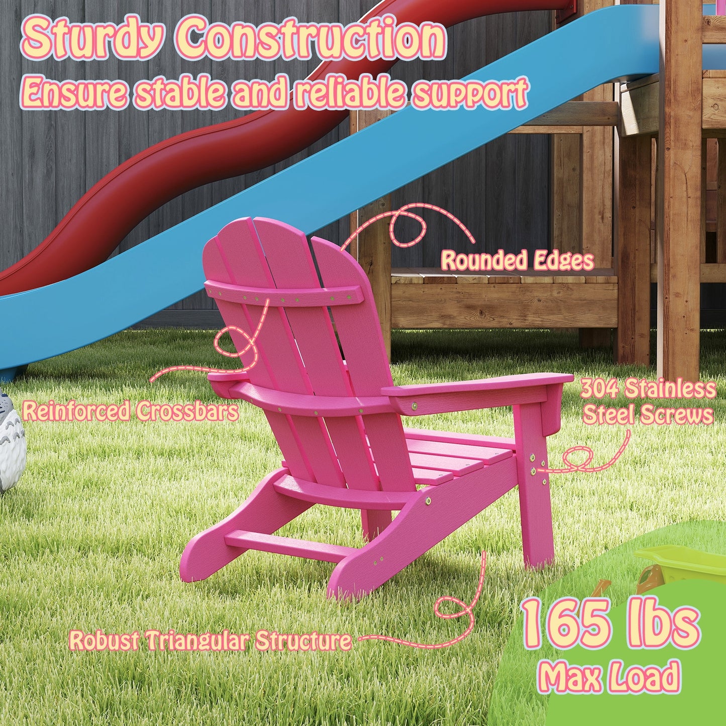 All-Weather HDPE Kid's Adirondack Chair with with High Backrest and Armrests-Pink