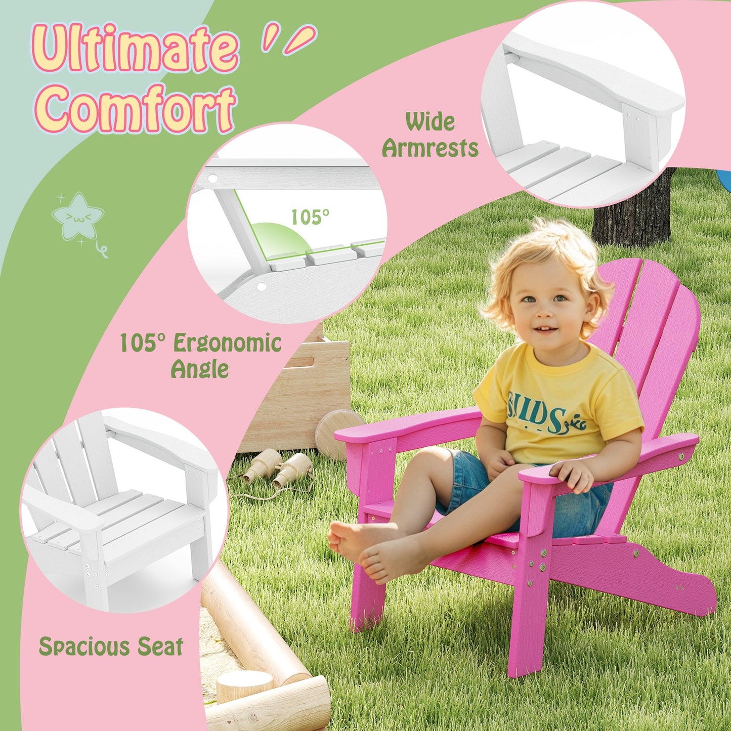 All-Weather HDPE Kid's Adirondack Chair with with High Backrest and Armrests-Pink Kids Crystal