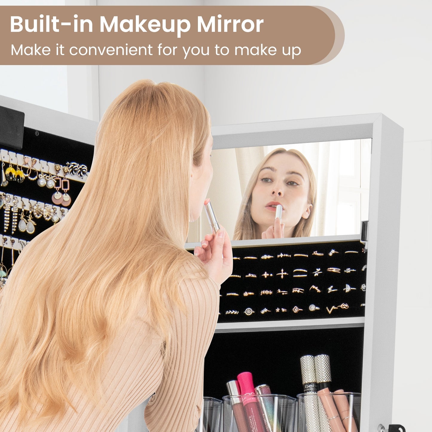 Mirror Jewelry Cabinet with 20 Warm Lights and 4 Tilt Angles-White Kids Crystal