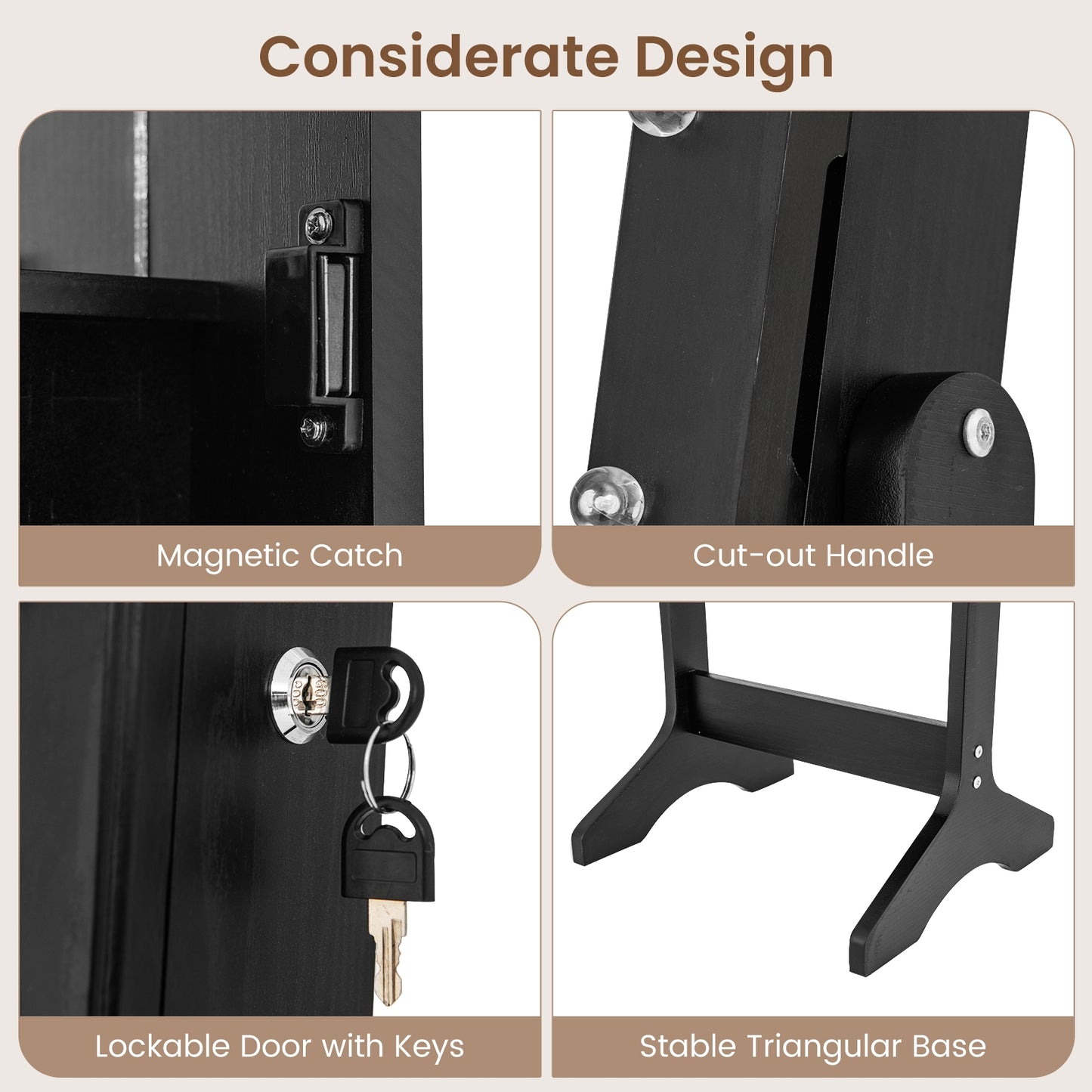 Mirror Jewelry Cabinet with 20 Warm Lights and 4 Tilt Angles-Black Kids Crystal