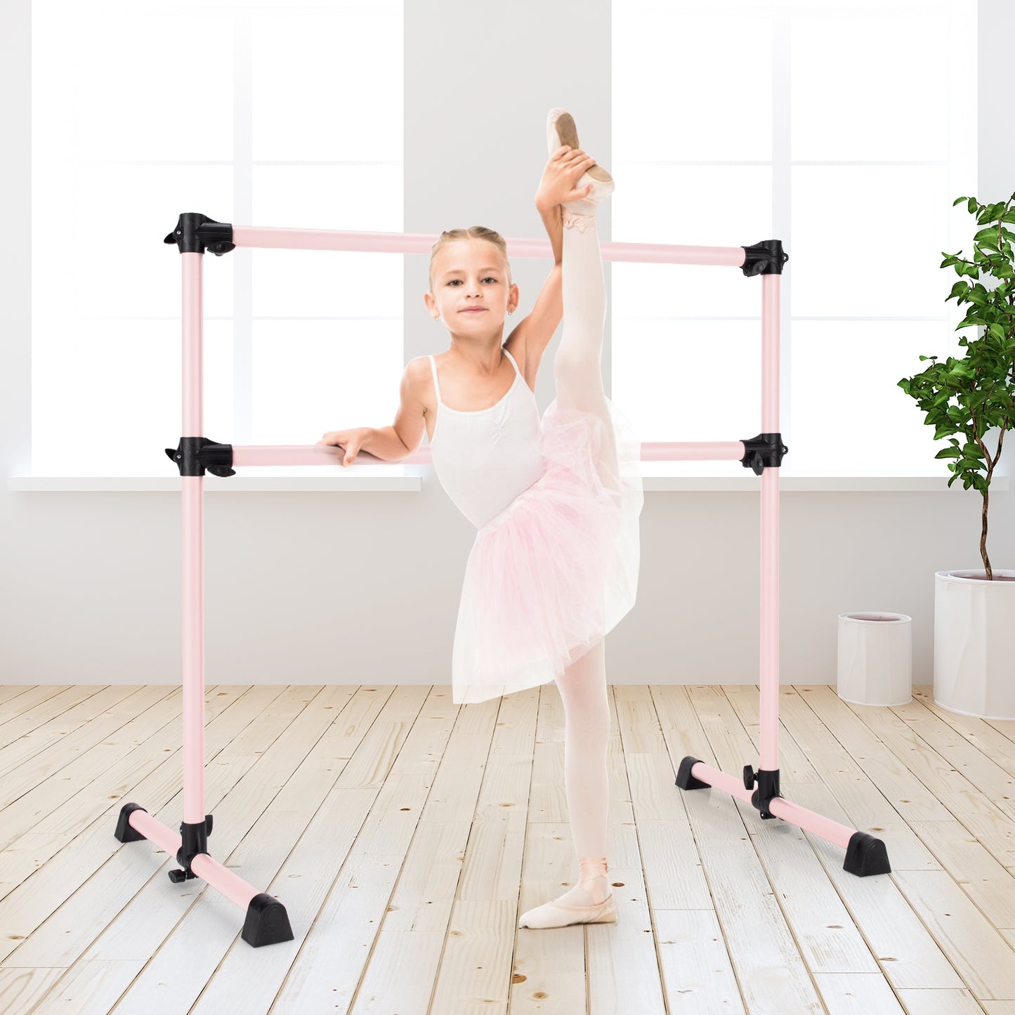 4 Feet Double Ballet Barre Bar with Adjustable Height-Pink Kids Crystal