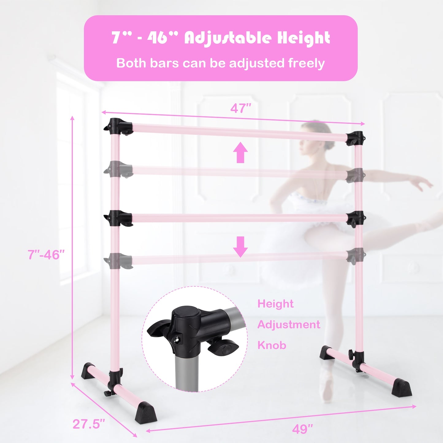 4 Feet Double Ballet Barre Bar with Adjustable Height-Pink Kids Crystal