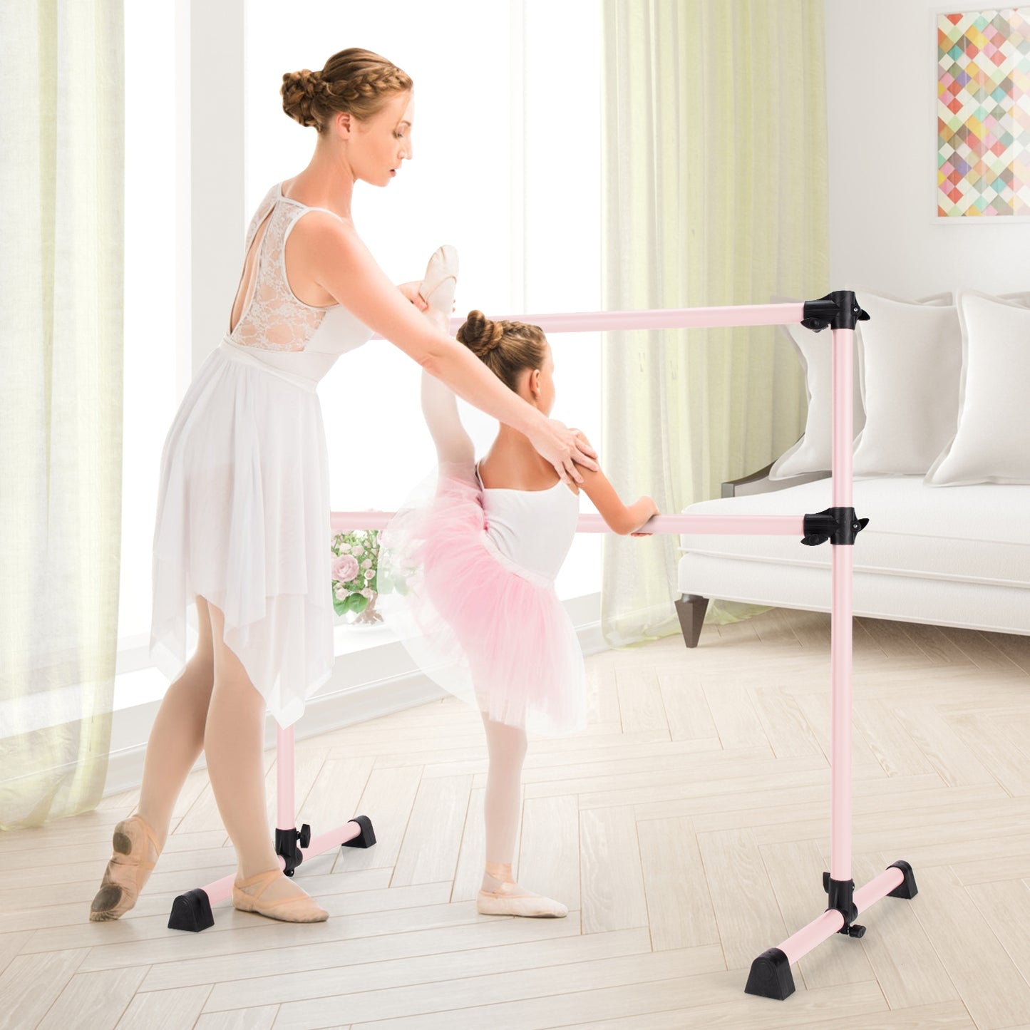 4 Feet Double Ballet Barre Bar with Adjustable Height-Pink Kids Crystal