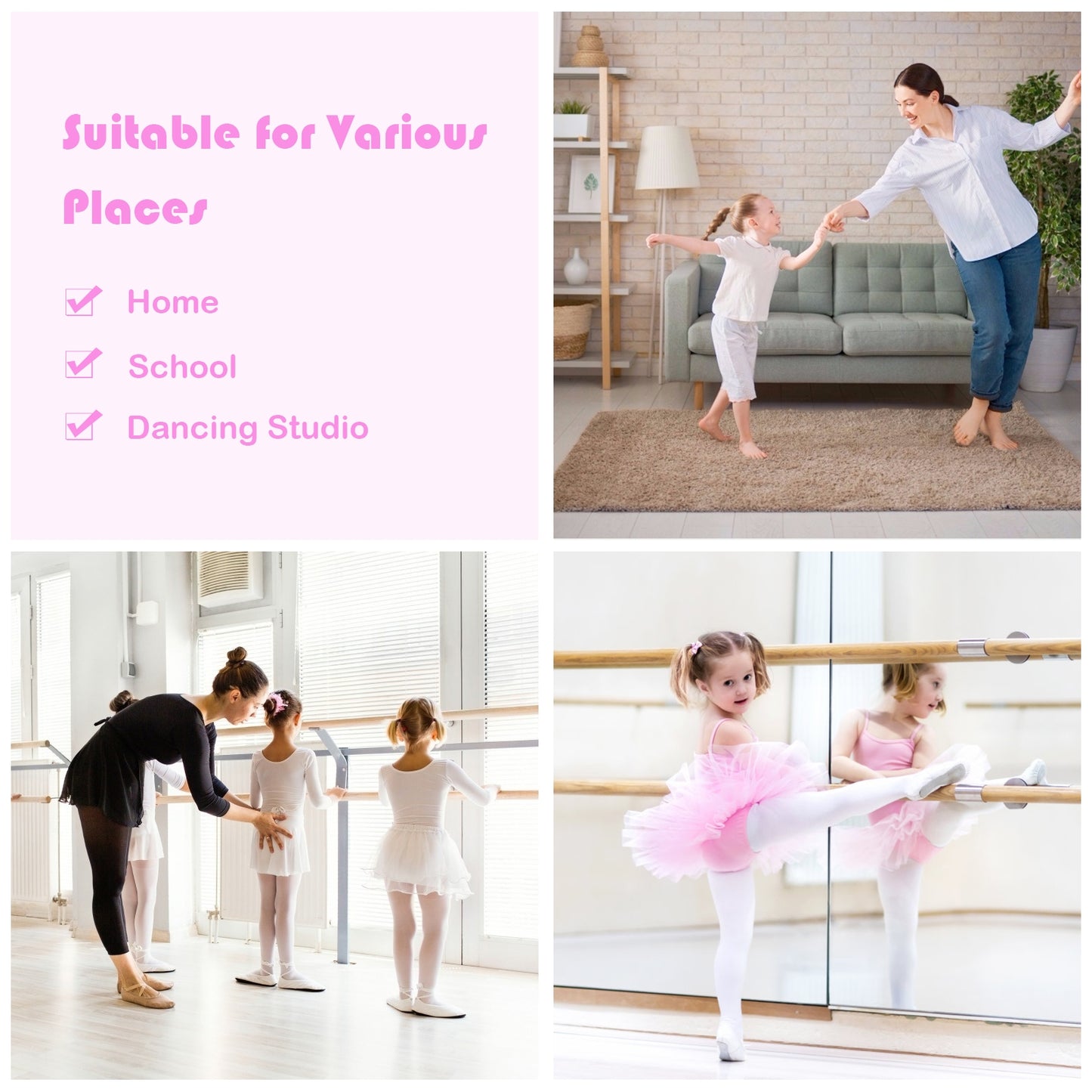 4 Feet Double Ballet Barre Bar with Adjustable Height-Pink Kids Crystal