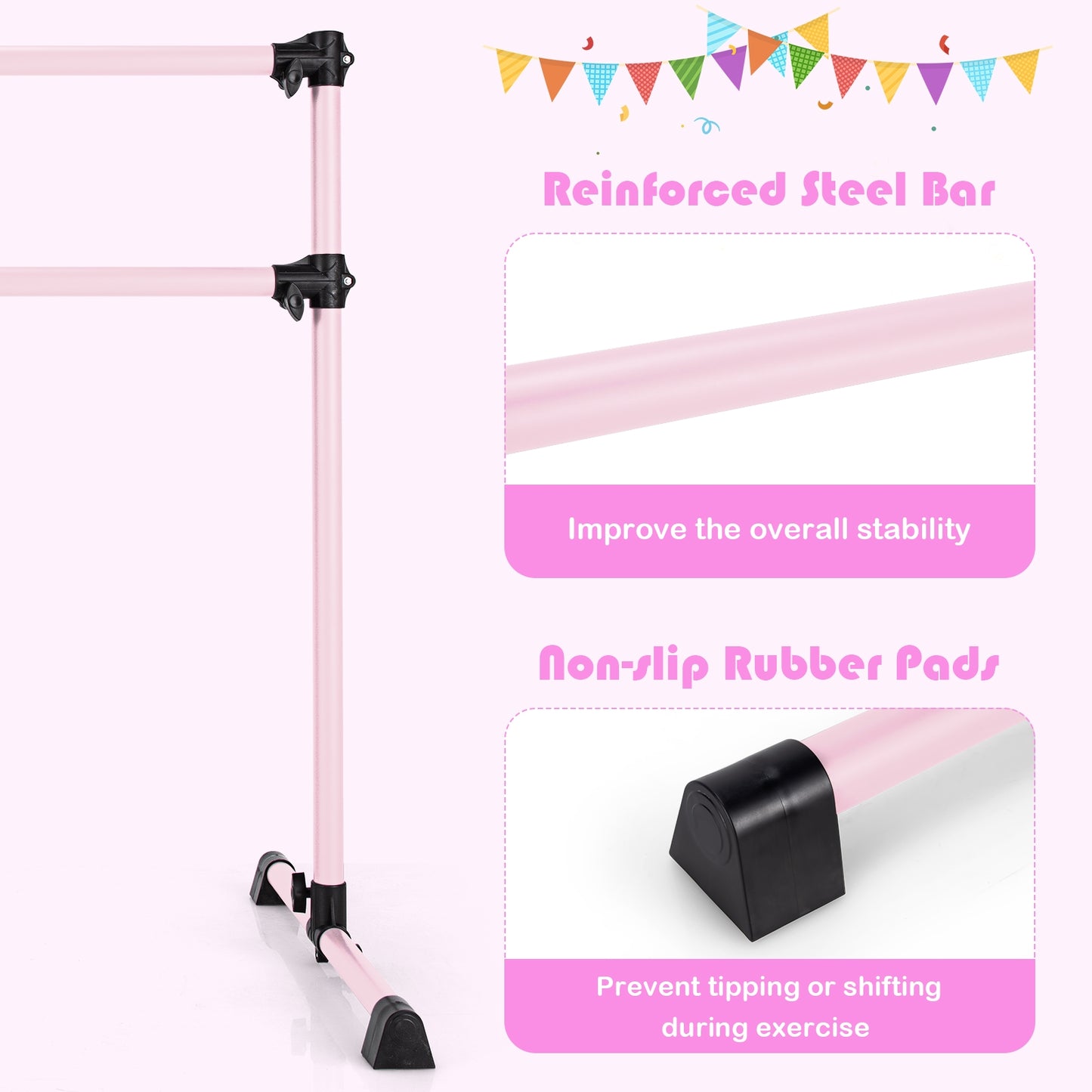 4 Feet Double Ballet Barre Bar with Adjustable Height-Pink Kids Crystal