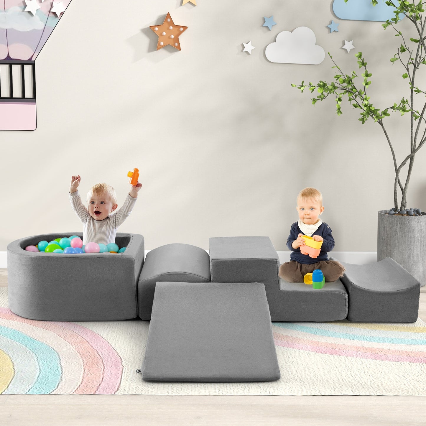 5-Piece Climb and Crawl Playset with Ball Pit for Kids-Gray Kids Crystal