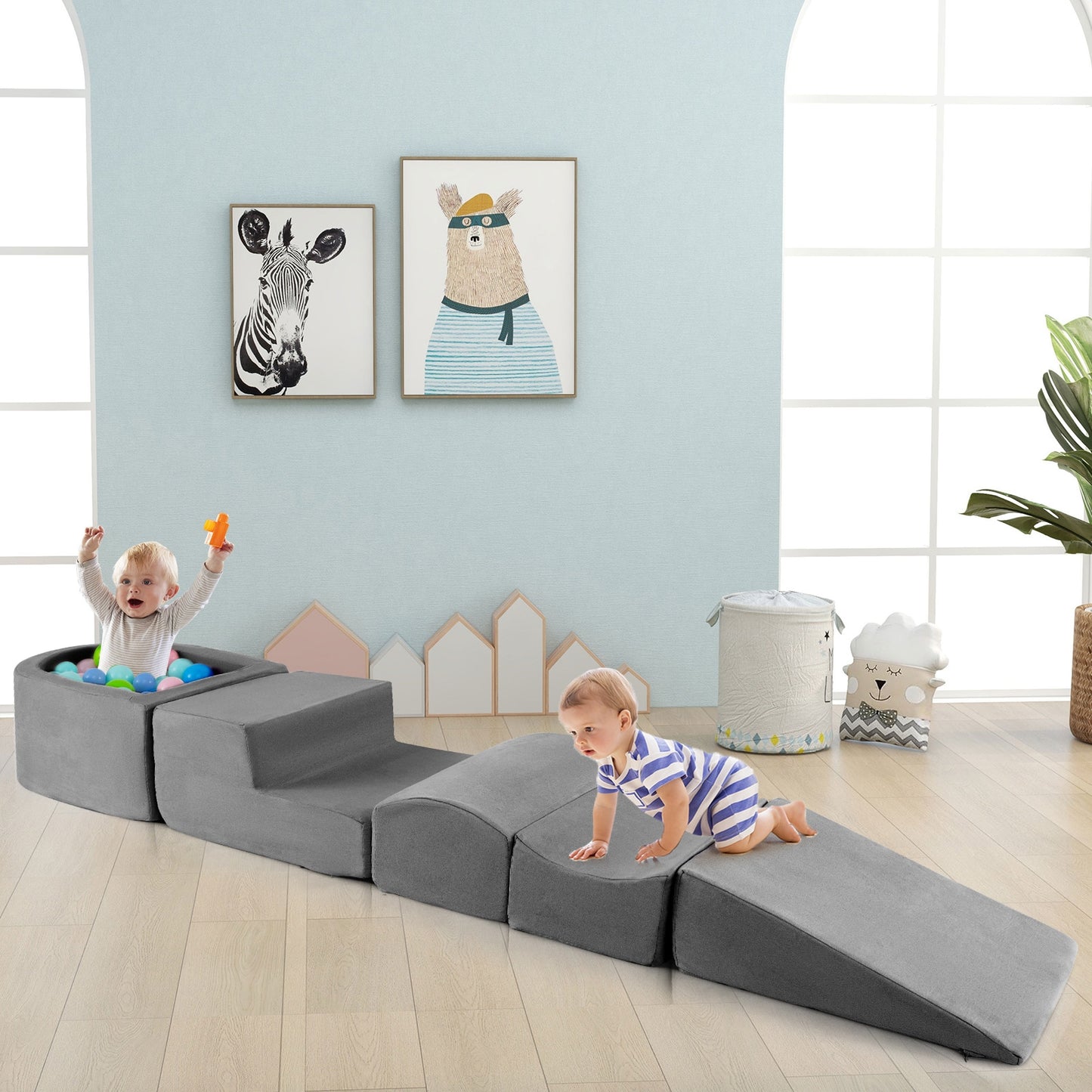 5-Piece Climb and Crawl Playset with Ball Pit for Kids-Gray Kids Crystal