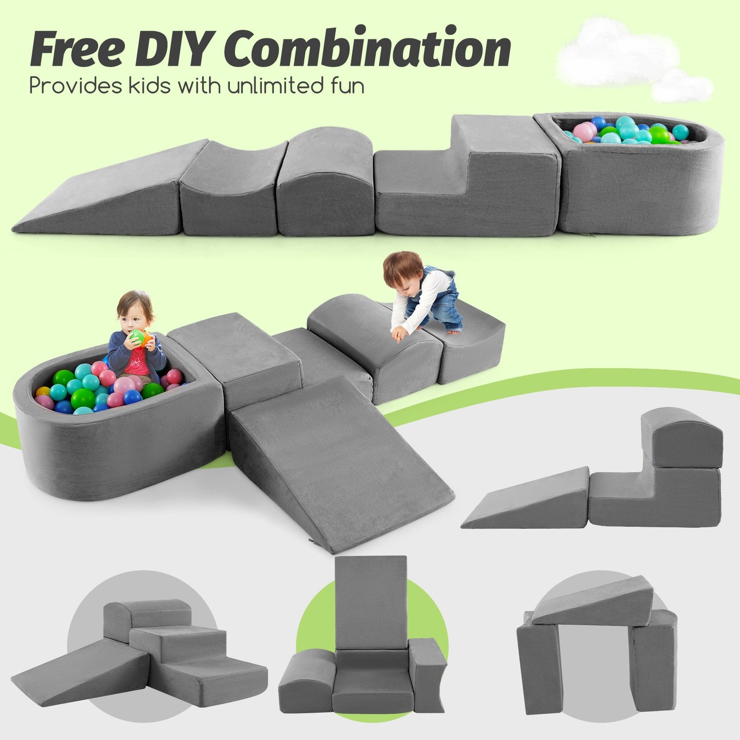 5-Piece Climb and Crawl Playset with Ball Pit for Kids-Gray Kids Crystal