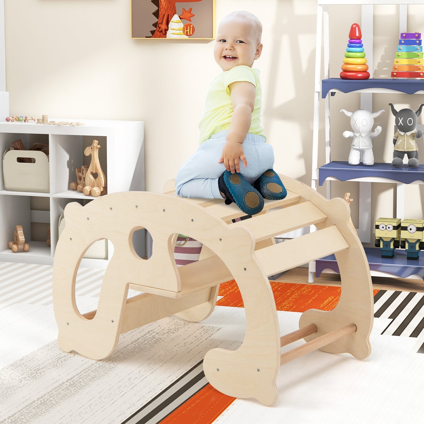 2-in-1 Rocking Horse Arch for Kids Montessori Climbing Toys with Arch Climber-Natural Kids Crystal